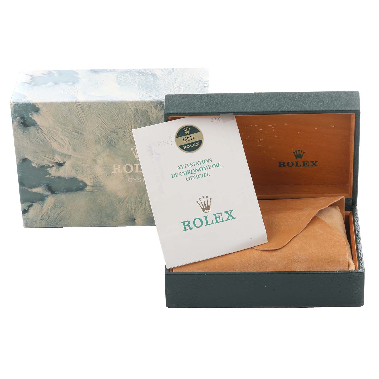 The image shows a Rolex Vintage Collection 16014 Men
s Stainless Steel Silver Dial 16014 Men
s Stainless Steel Silver Dial watch box, certificate, and outer packaging from a front angle.