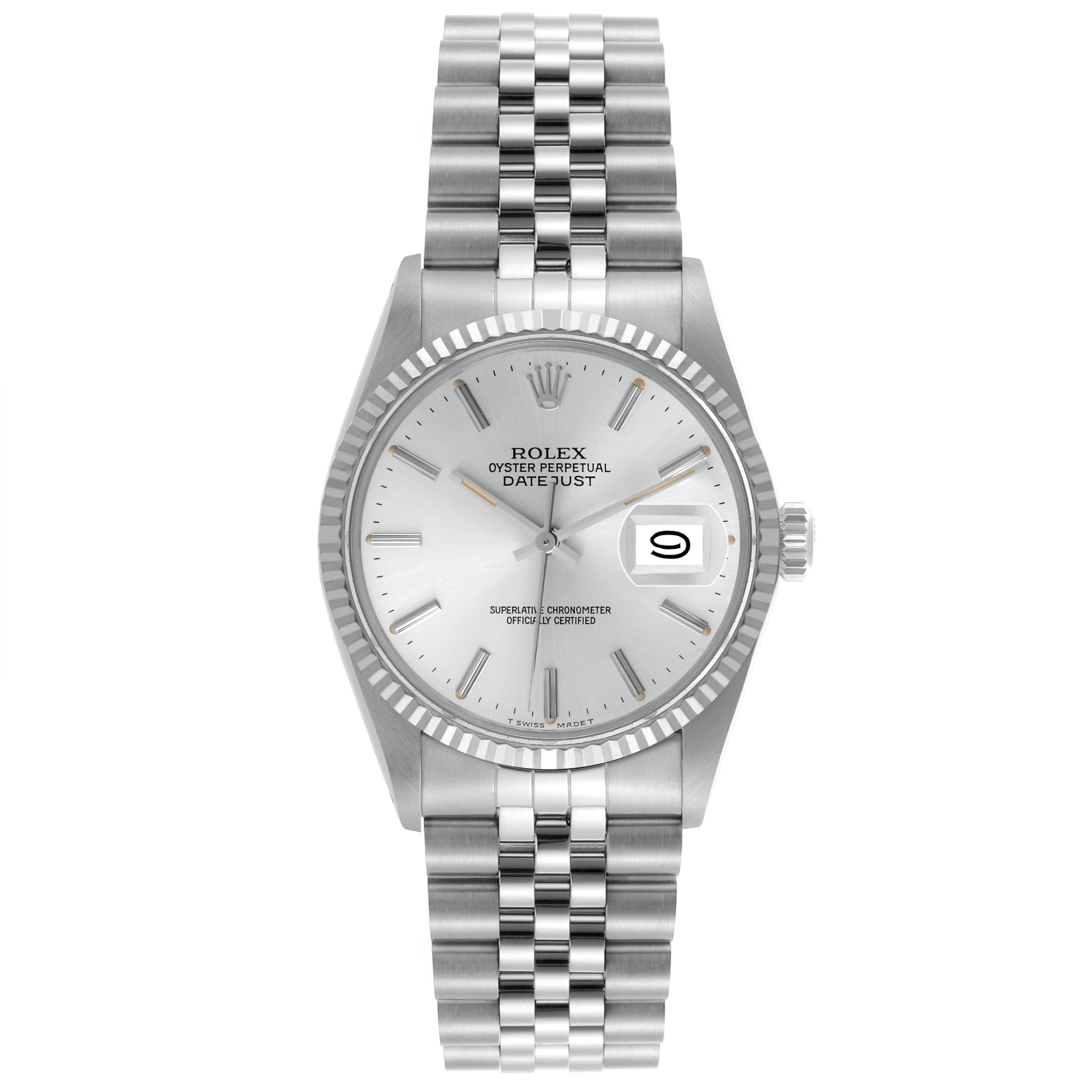 The Rolex Vintage Collection 16014 Men
s Stainless Steel Silver Dial 16014 Men
s Stainless Steel Silver Dial watch is shown from the front, displaying the dial, fluted bezel, and oyster bracelet.