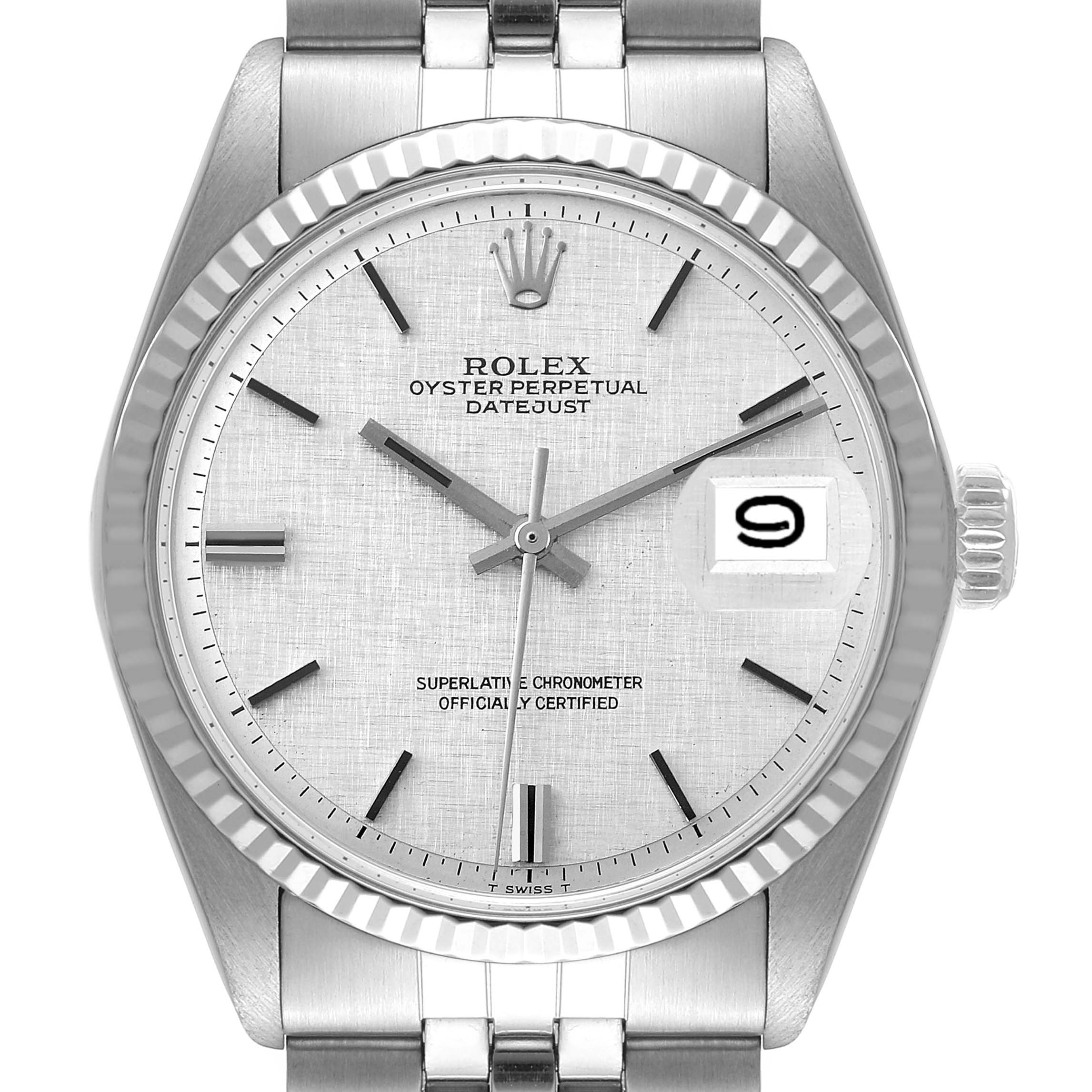 The image shows a front view of a Rolex Vintage Collection 1601 Men
s Stainless Steel Silver Dial 1601 Men
s Stainless Steel Silver Dial model with a silver dial and date window at 3 o
clock.