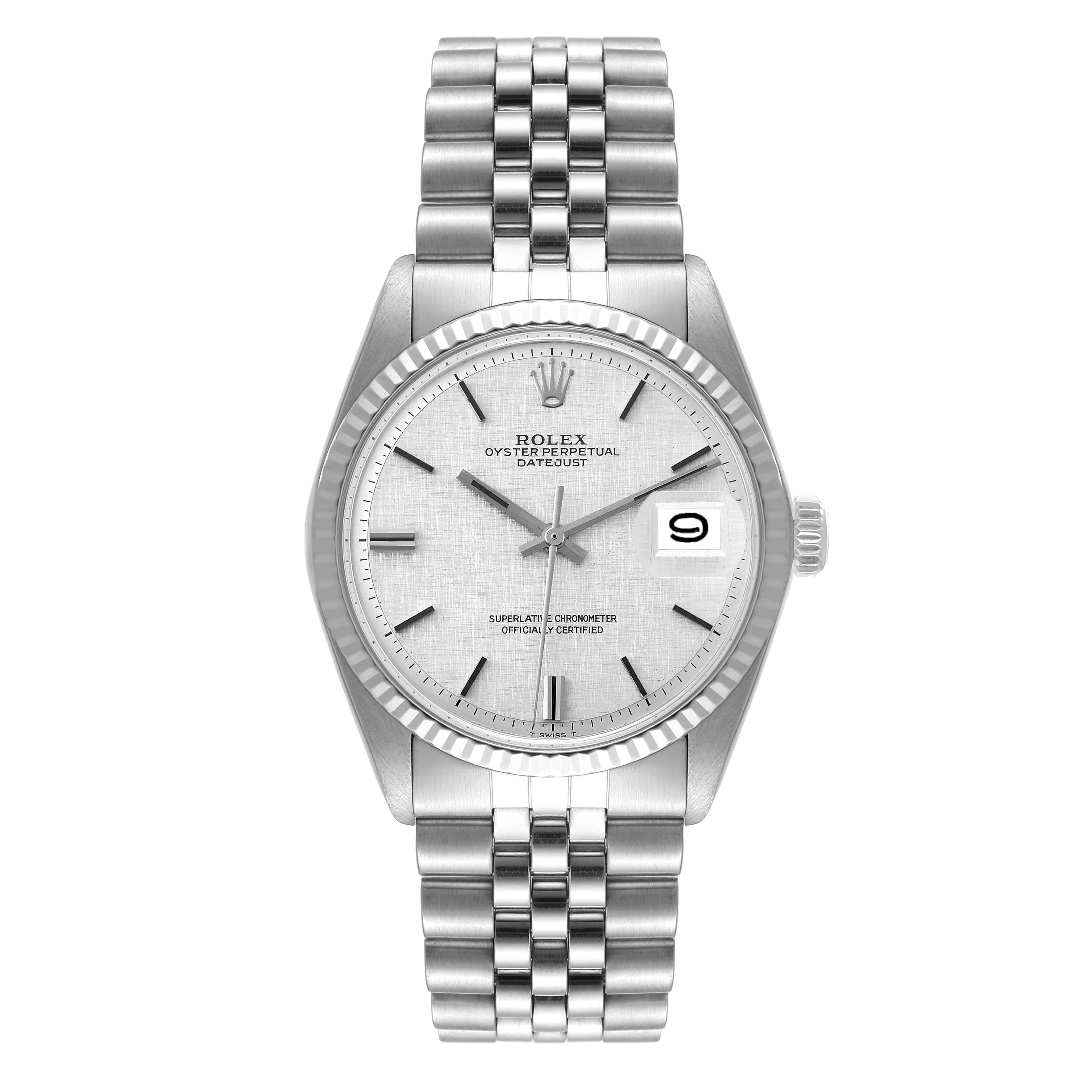 The image shows a front view of the Rolex Vintage Collection 1601 Men
s Stainless Steel Silver Dial 1601 Men
s Stainless Steel Silver Dial Oyster Perpetual Datejust watch, displaying the dial, bracelet, crown, and date window.