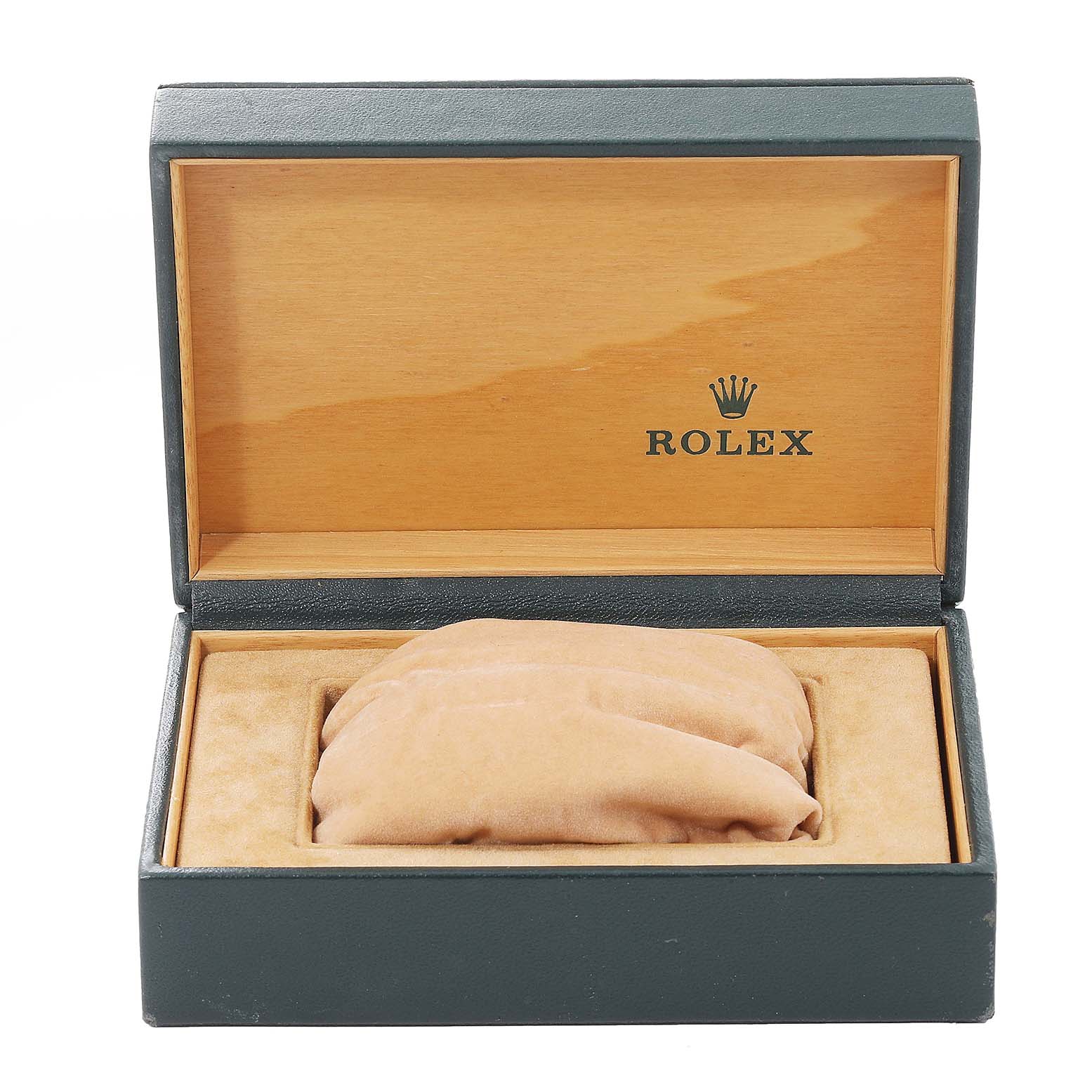 The image shows the open box of a Rolex Vintage Collection 1601 Men
s Stainless Steel Silver Dial 1601 Men
s Stainless Steel Silver Dial watch, displaying the interior padding and Rolex logo.