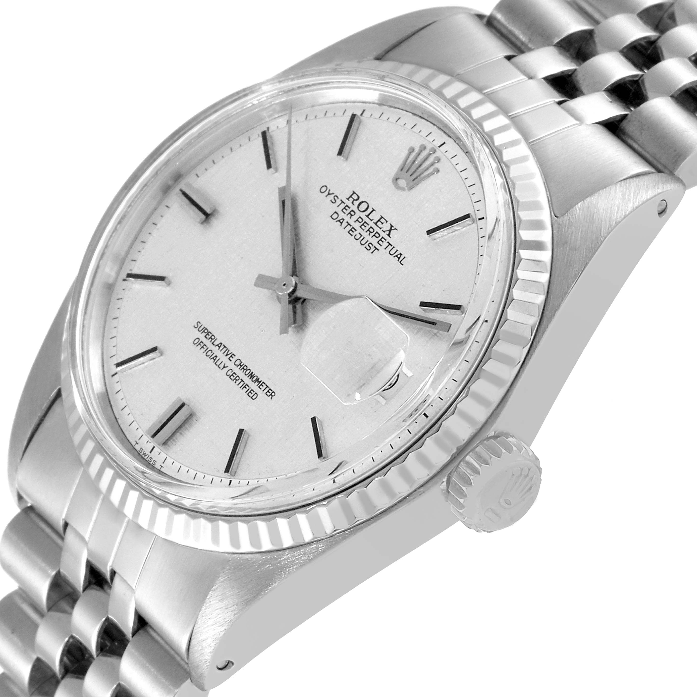This photo shows a Rolex Vintage Collection 1601 Men
s Stainless Steel Silver Dial 1601 Men
s Stainless Steel Silver Dial Oyster Perpetual Datejust from a top and angled side view, highlighting the face, bezel, and bracelet.