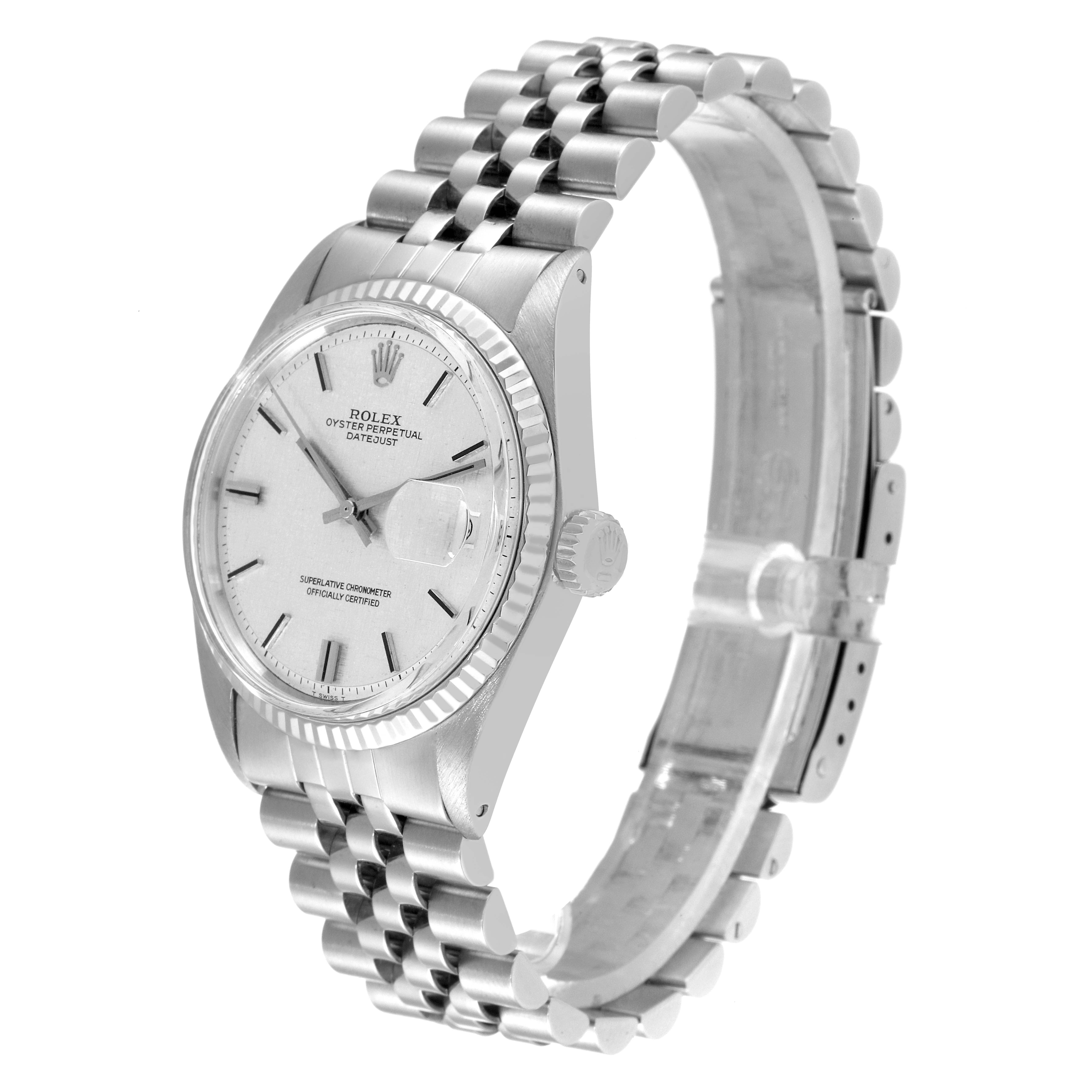 This image shows the Rolex Vintage Collection 1601 Men
s Stainless Steel Silver Dial 1601 Men
s Stainless Steel Silver Dial watch at an angled side view, highlighting the face, crown, and bracelet.