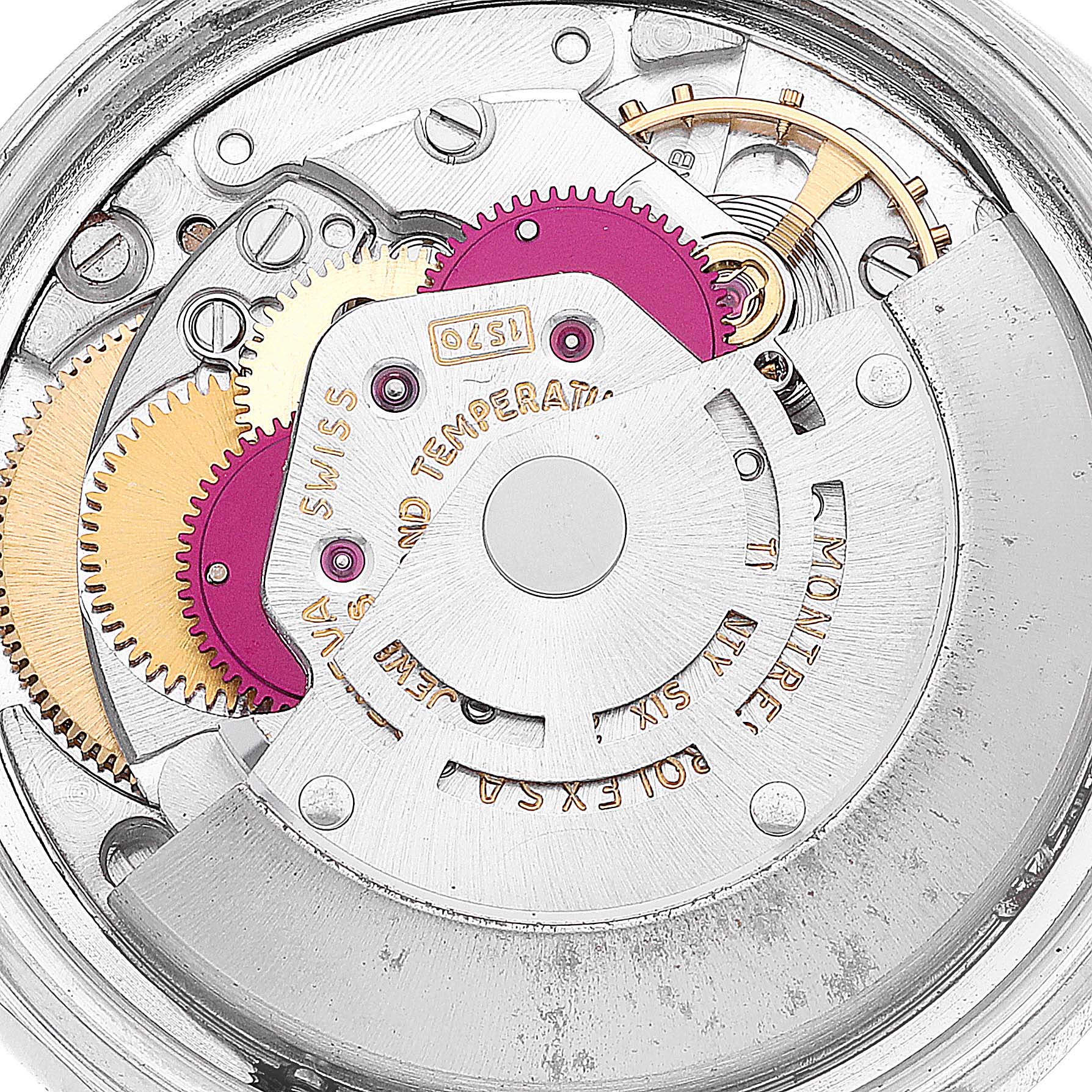 This image shows the internal mechanism and gears of the Rolex Vintage Collection 1601 Men
s Stainless Steel Silver Dial 1601 Men
s Stainless Steel Silver Dial model watch from a top-down angle.