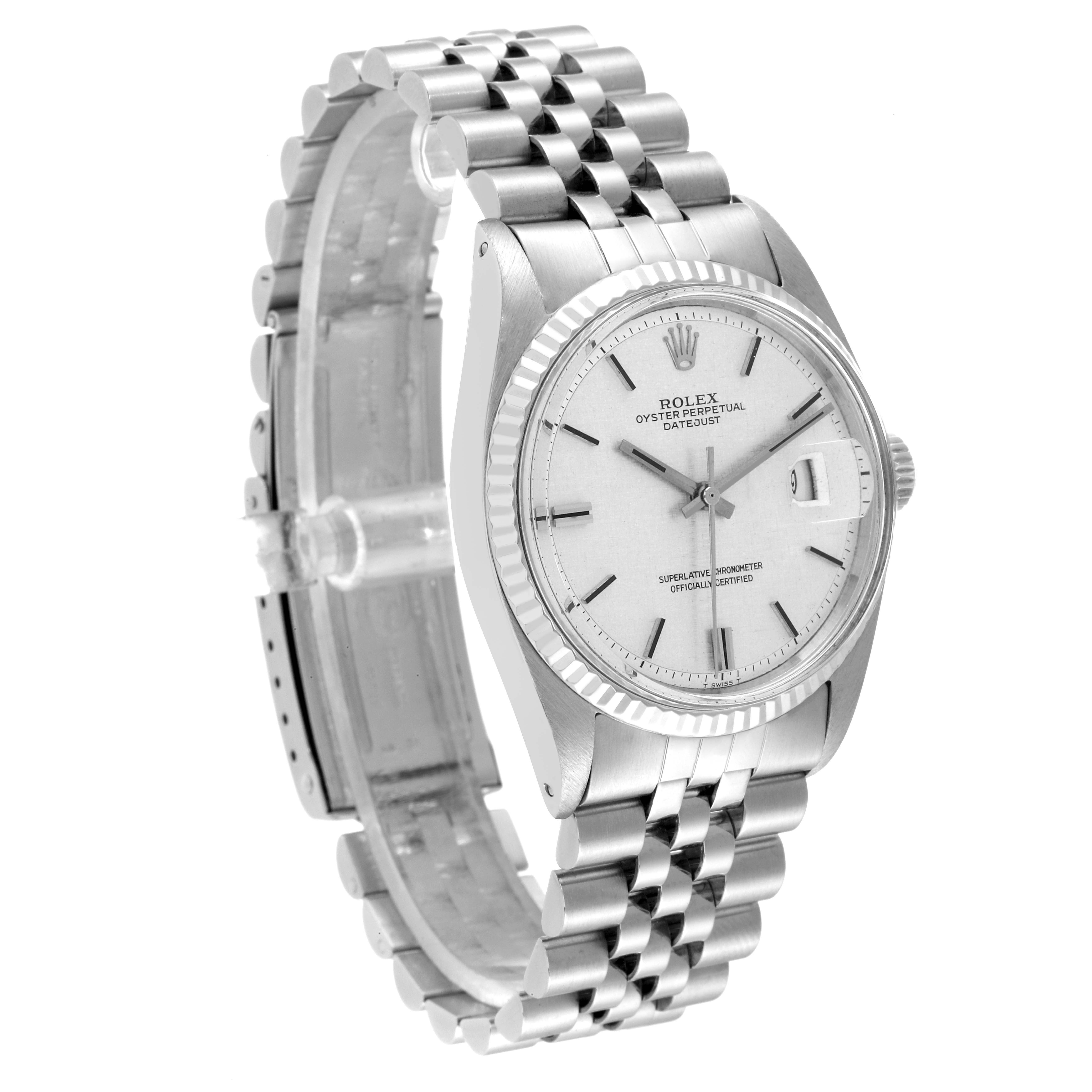 The image shows a side angle of the Rolex Vintage Collection 1601 Men
s Stainless Steel Silver Dial 1601 Men
s Stainless Steel Silver Dial model, displaying the watch face, bracelet, and crown.