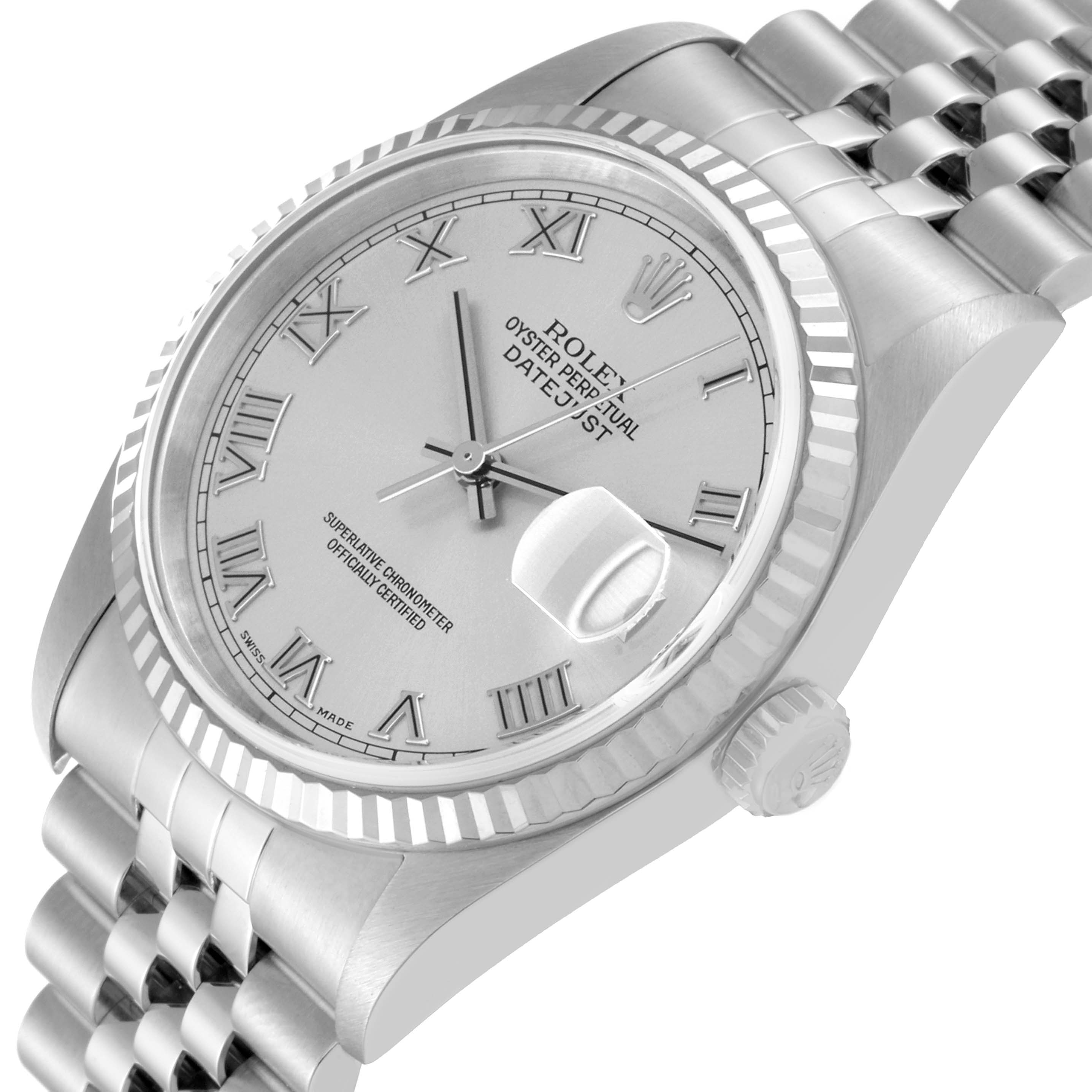 The image shows the Rolex Datejust 16234 Men's Stainless Steel Silver Dial 16234 Men's Stainless Steel Silver Dial watch at an angled close-up, highlighting its face, bezel, crown, and part of the bracelet.