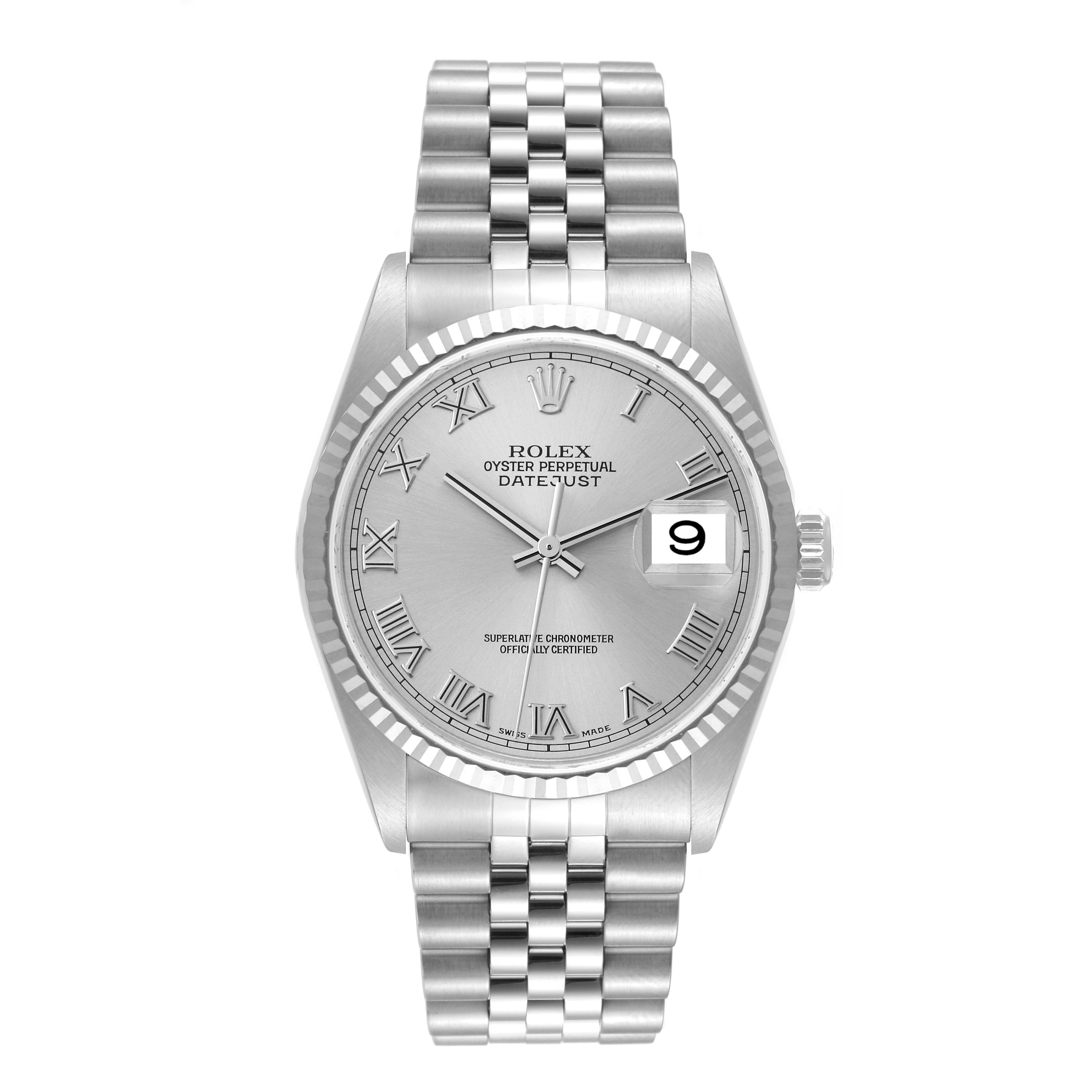 The Rolex Datejust 16234 Men's Stainless Steel Silver Dial 16234 Men's Stainless Steel Silver Dial watch is shown from a front view, displaying its face, bezel, crown, and bracelet.
