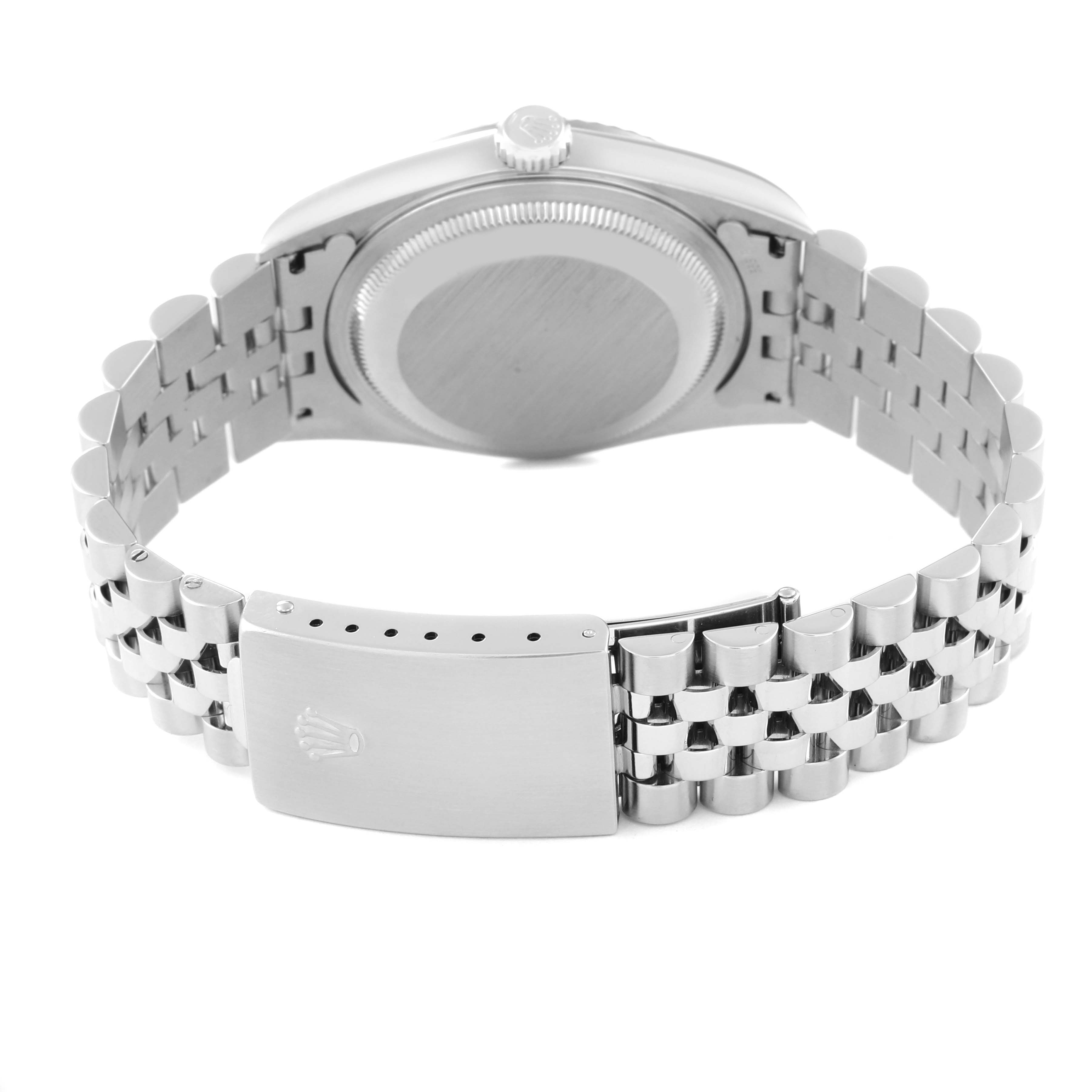 The image shows the back side of the Rolex Datejust 16234 Men's Stainless Steel Silver Dial 16234 Men's Stainless Steel Silver Dial watch, including the case back, crown, and the open Jubilee bracelet with the clasp.