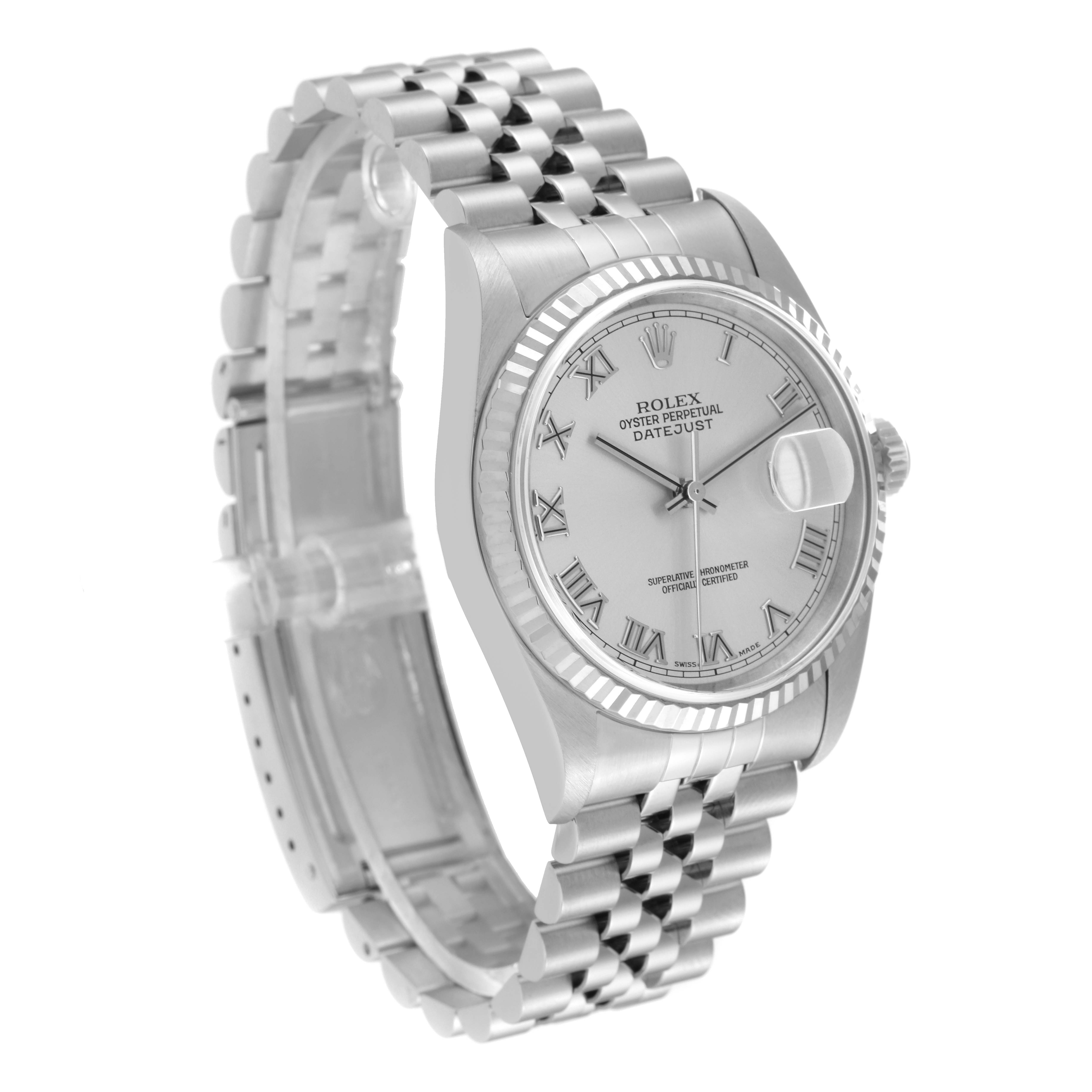 This Rolex Datejust 16234 Men's Stainless Steel Silver Dial 16234 Men's Stainless Steel Silver Dial watch is shown at a three-quarter angle, displaying the face, bezel, and bracelet.