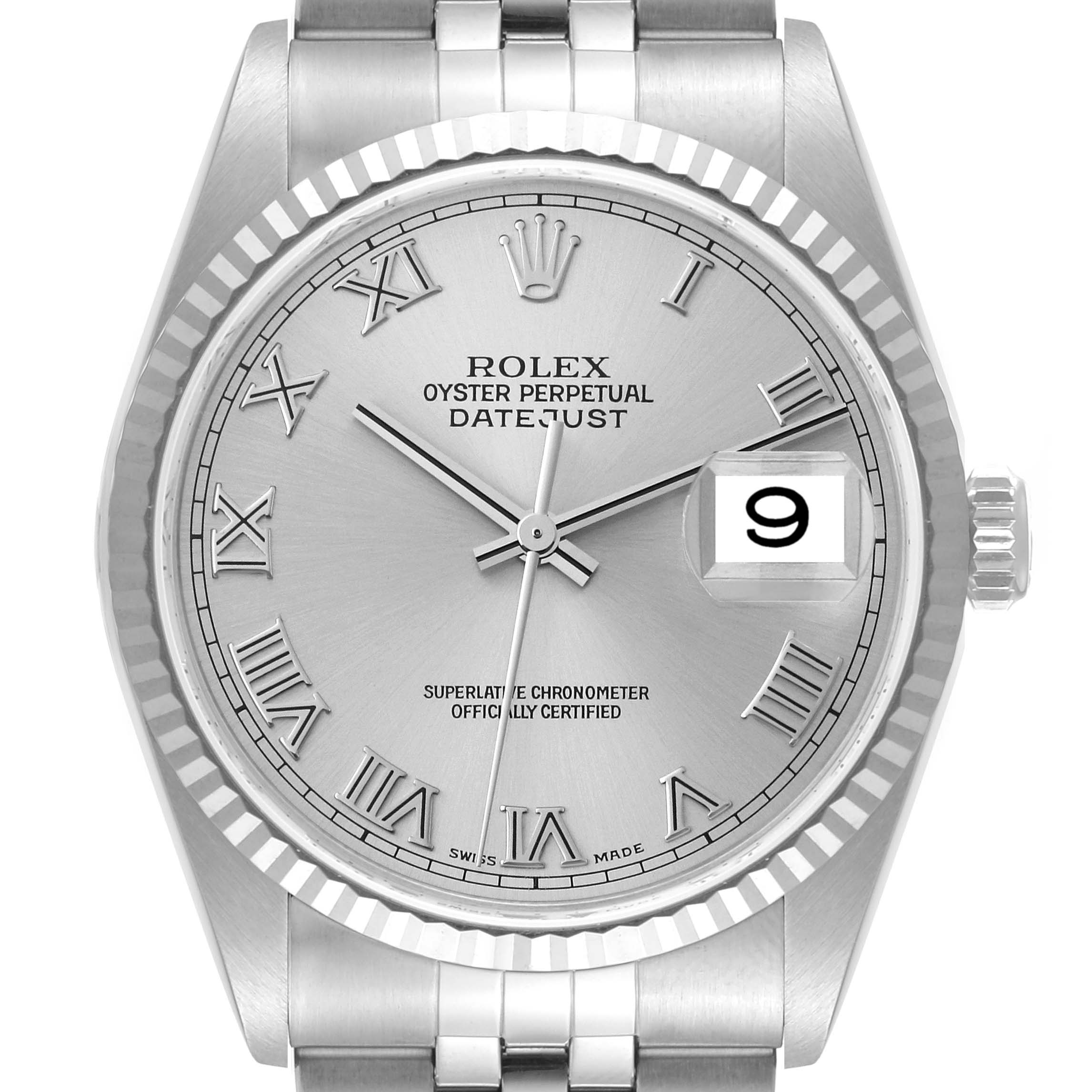 This image shows a front view of a Rolex Datejust 16234 Men's Stainless Steel Silver Dial 16234 Men's Stainless Steel Silver Dial watch, displaying its silver dial, Roman numeral markers, and cyclops date window.