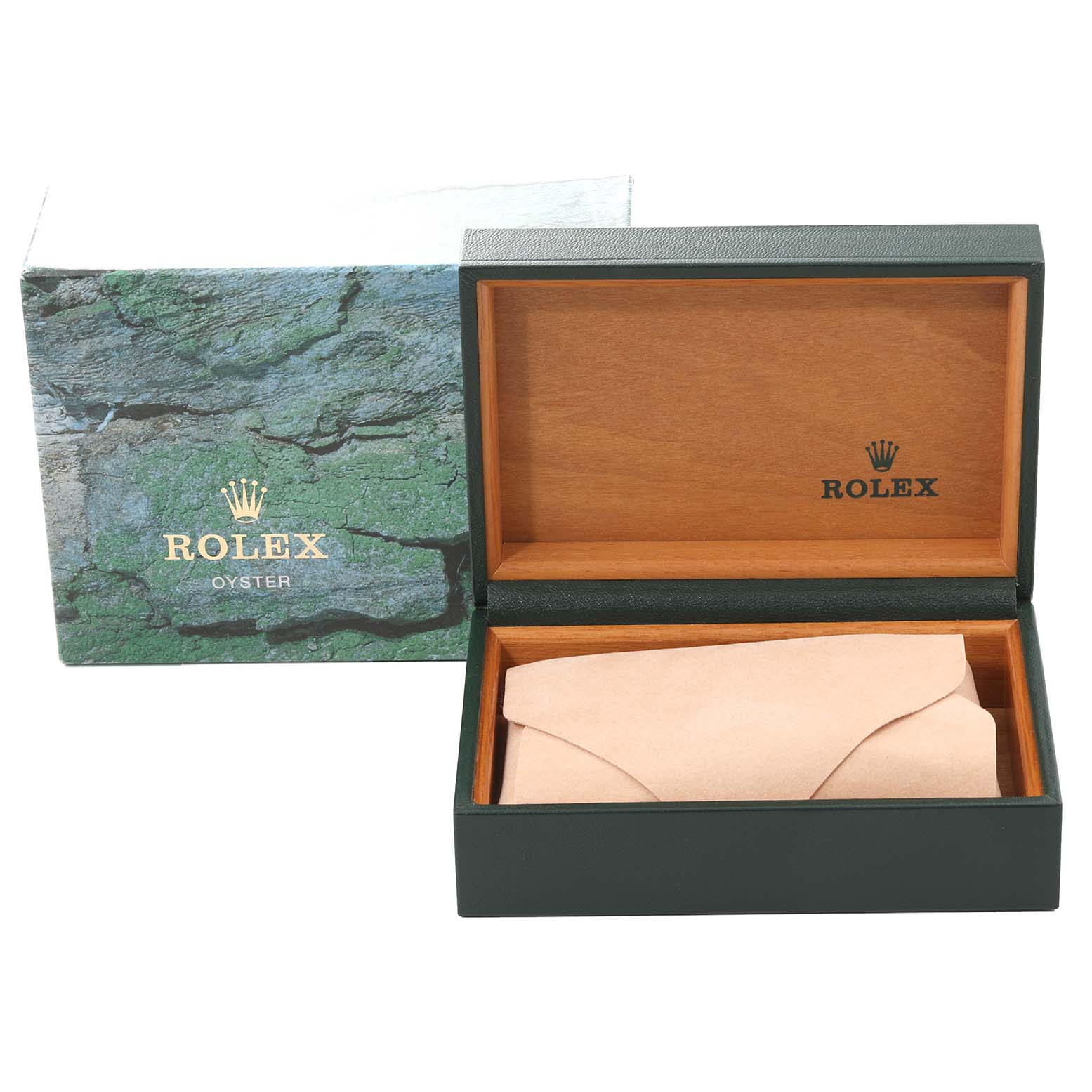 The image shows an open Rolex Datejust 16234 Men's Stainless Steel Silver Dial 16234 Men's Stainless Steel Silver Dial watch box and the outer green and gold Rolex Oyster packaging.