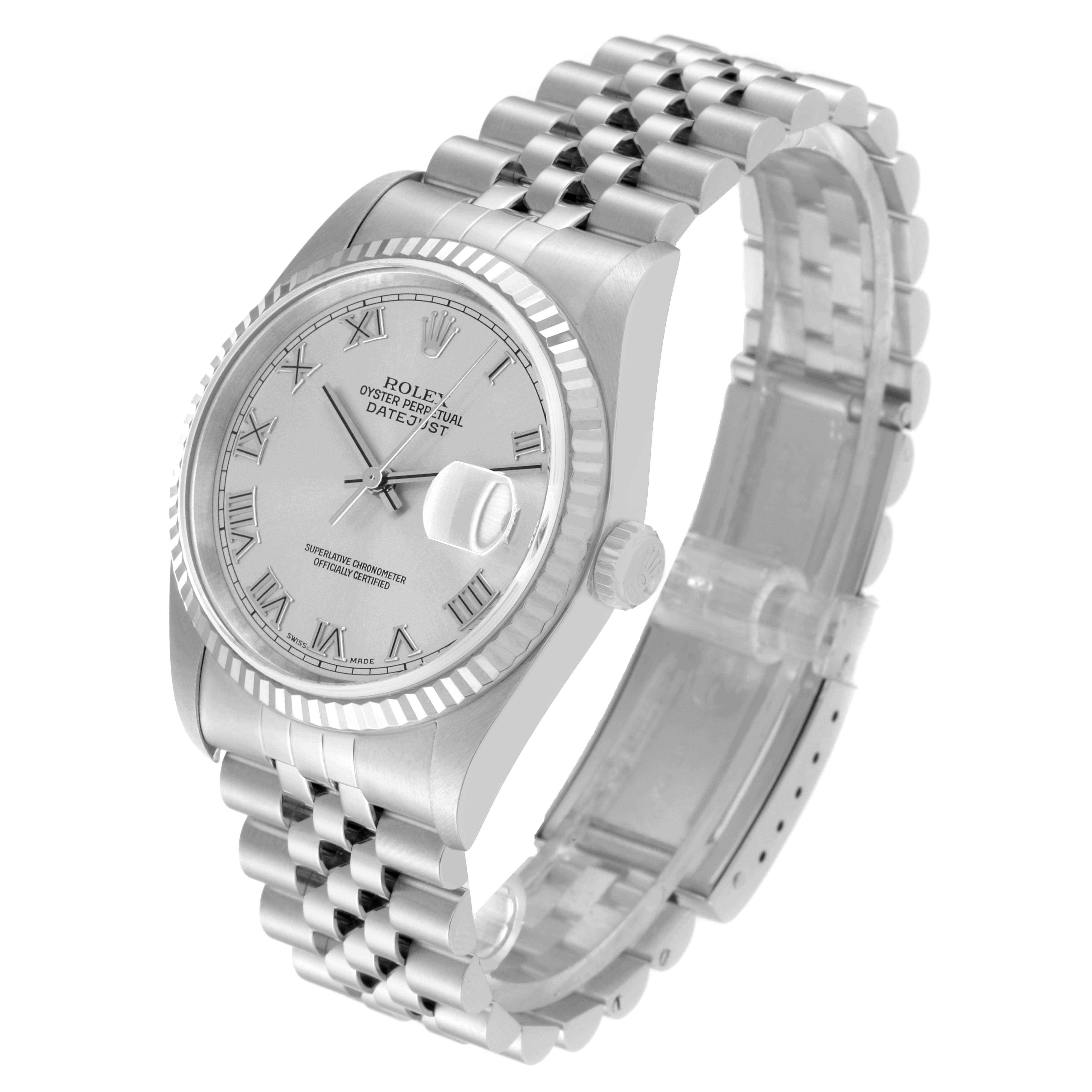 The Rolex Datejust 16234 Men's Stainless Steel Silver Dial 16234 Men's Stainless Steel Silver Dial watch is shown at a three-quarter angle, displaying the silver dial, fluted bezel, and Jubilee bracelet.