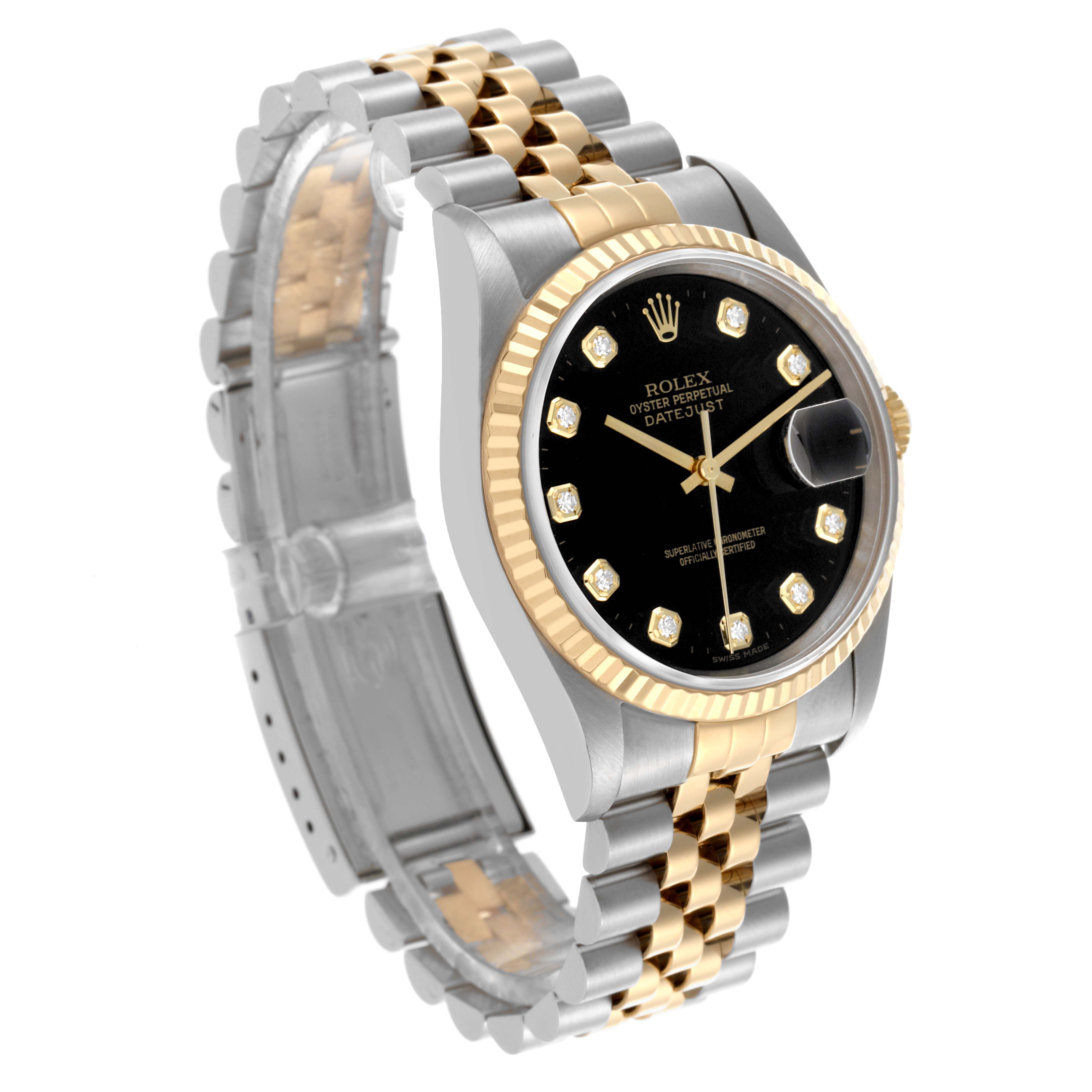 The Rolex Datejust 16233 Men
s Steel and Gold (two tone) Black Dial 16233 Men
s Steel and Gold (two tone) Black Dial watch is shown at a three-quarter angle displaying the face, bezel, and part of the bracelet.