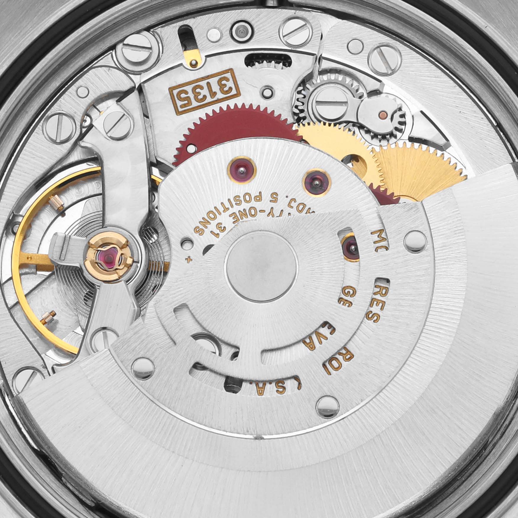 The image shows a close-up of the movement mechanism of a Rolex Datejust 16233 Men
s Steel and Gold (two tone) Black Dial 16233 Men
s Steel and Gold (two tone) Black Dial watch.