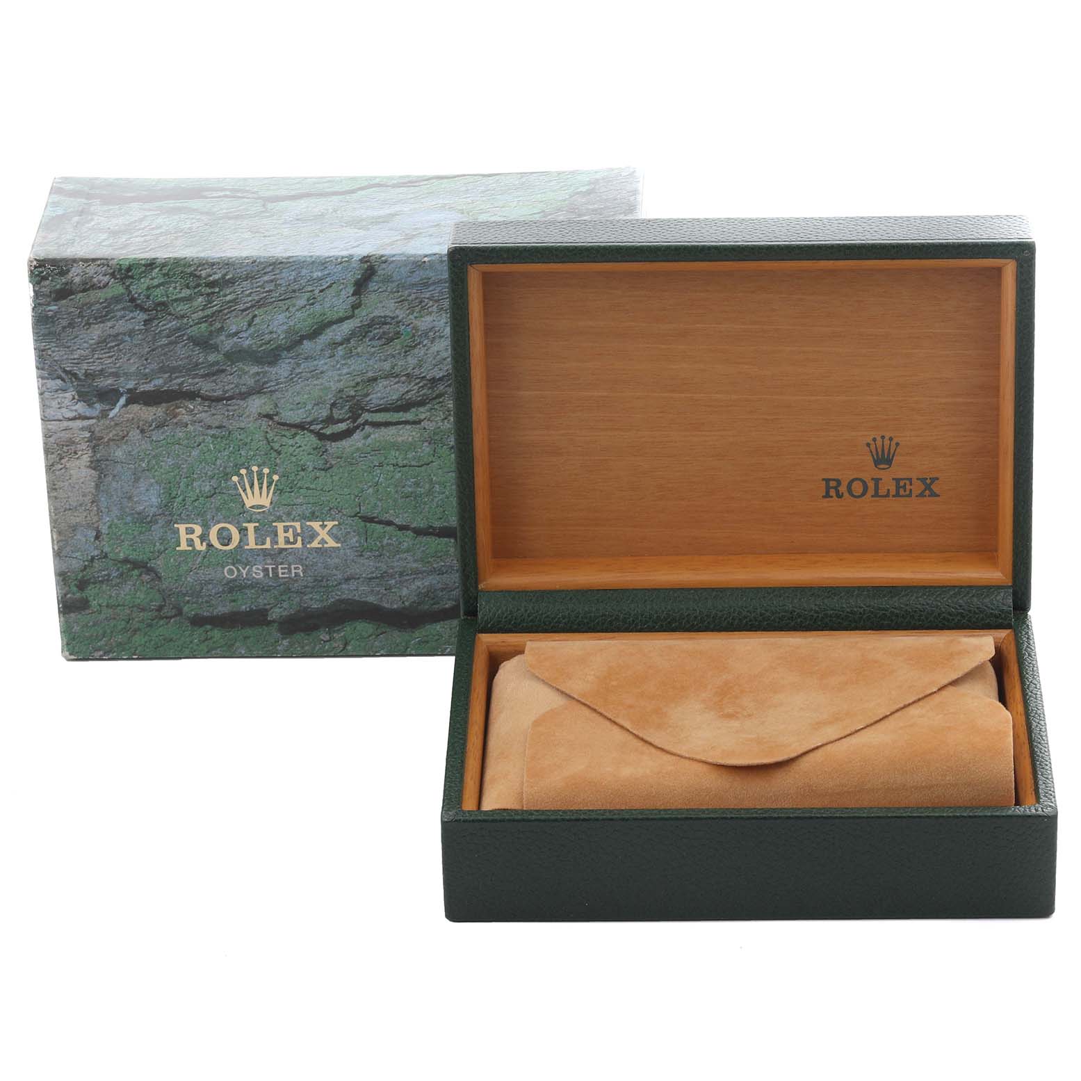 The image shows an open Rolex Datejust 16233 Men
s Steel and Gold (two tone) Black Dial 16233 Men
s Steel and Gold (two tone) Black Dial watch box, displaying the inner compartment and pouch.