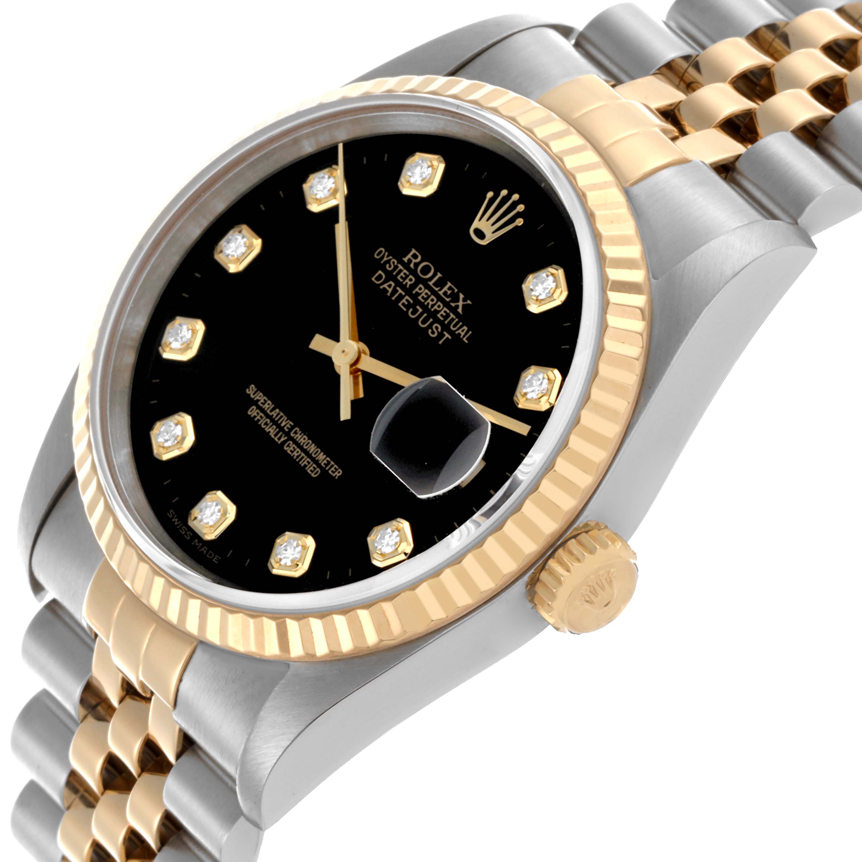 The Rolex Datejust 16233 Men
s Steel and Gold (two tone) Black Dial 16233 Men
s Steel and Gold (two tone) Black Dial watch is shown at an angled side view, highlighting the dial, fluted bezel, and two-tone bracelet.