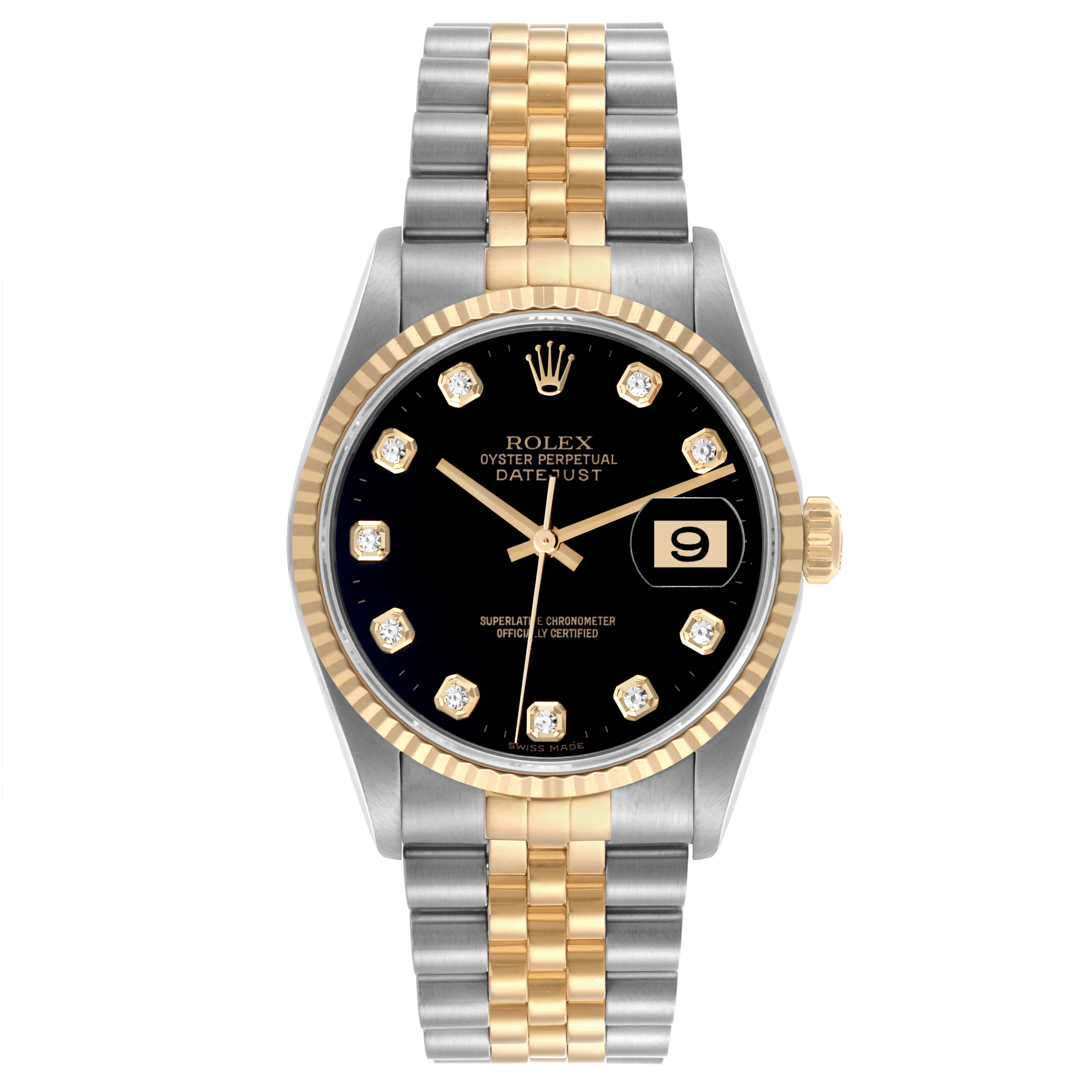The Rolex Datejust 16233 Men
s Steel and Gold (two tone) Black Dial 16233 Men
s Steel and Gold (two tone) Black Dial watch is shown from the front, displaying the dial, fluted bezel, jubilee bracelet, and crown.