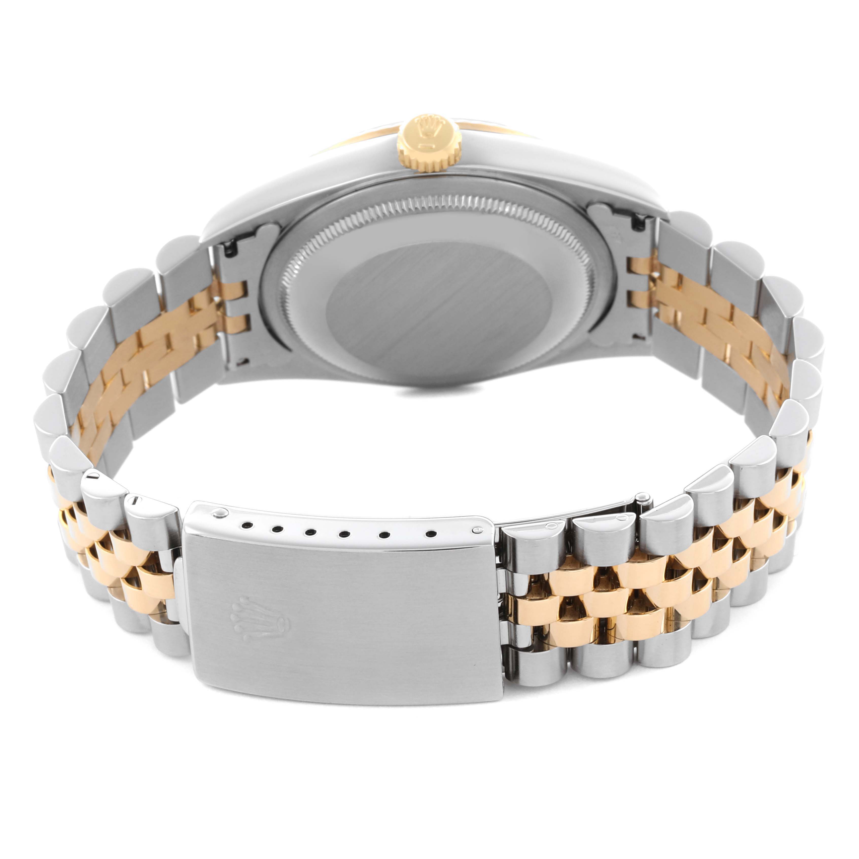 This image shows the back view of a Rolex Datejust 16233 Men
s Steel and Gold (two tone) Black Dial 16233 Men
s Steel and Gold (two tone) Black Dial watch, highlighting the Jubilee bracelet and case back.