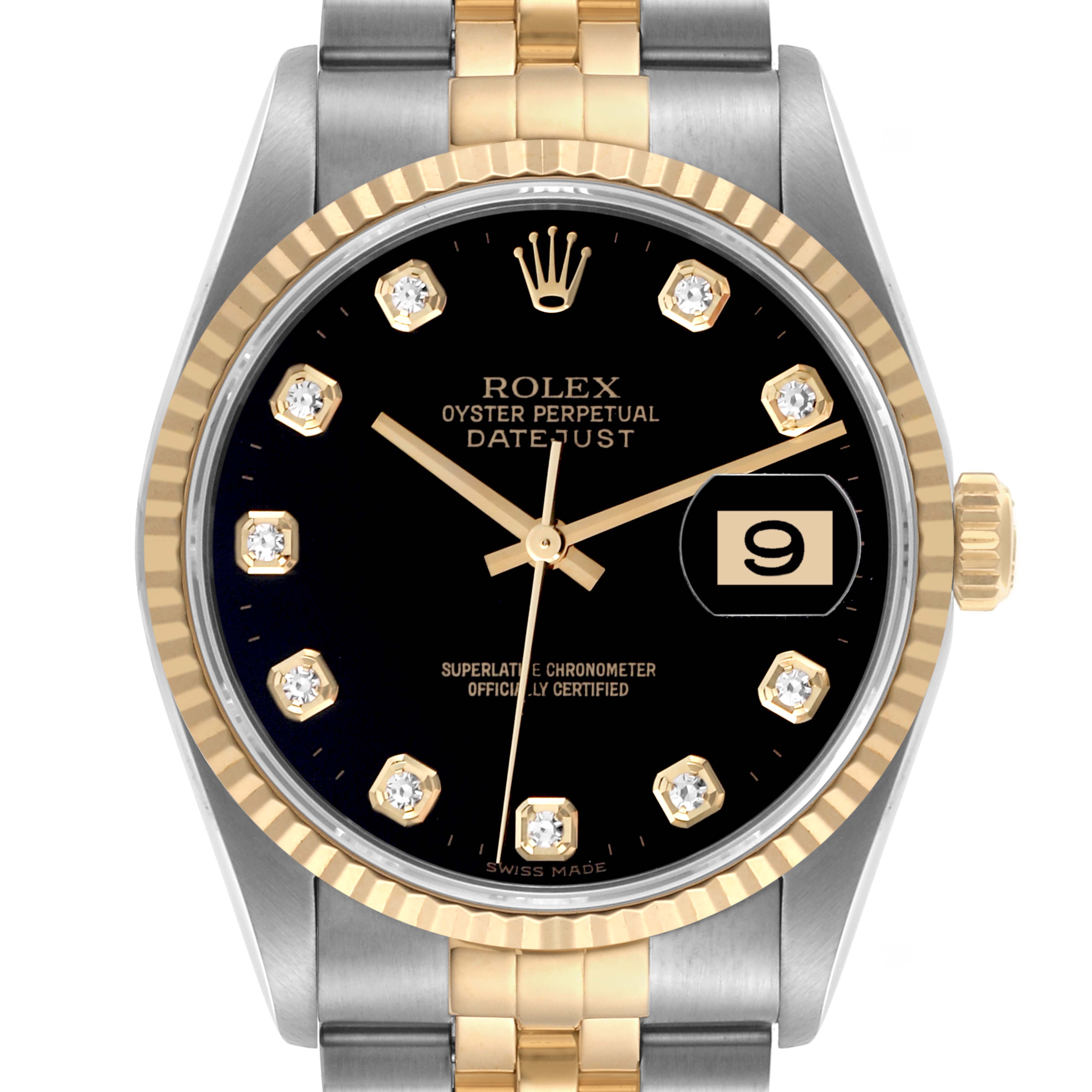 The Rolex Datejust 16233 Men
s Steel and Gold (two tone) Black Dial 16233 Men
s Steel and Gold (two tone) Black Dial watch is shown from the front, displaying its black dial, gold hour markers, and two-tone bracelet.