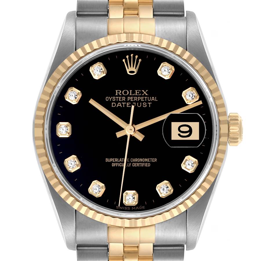 The Rolex Datejust watch is shown from the front, displaying its black dial, gold hour markers, and two-tone bracelet.