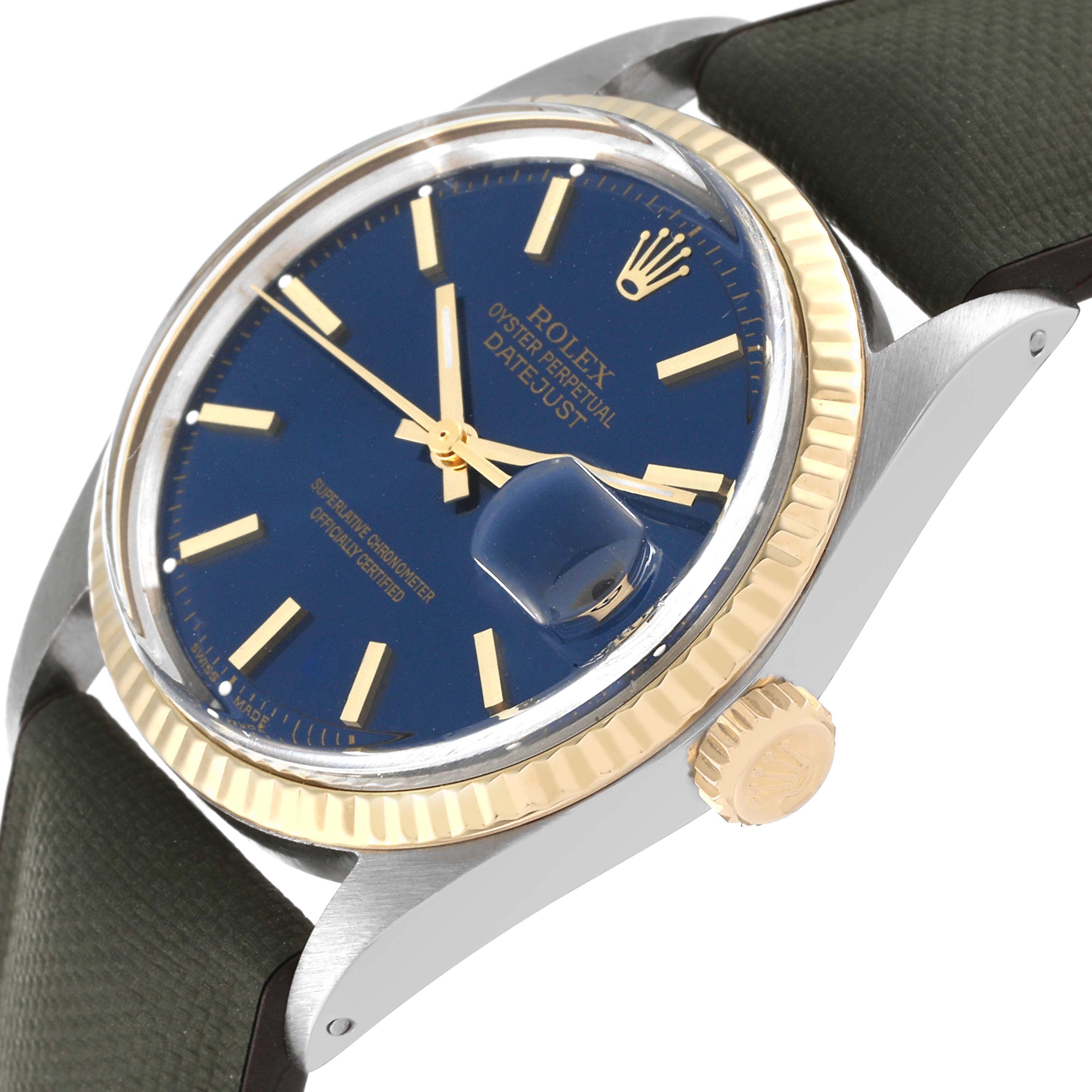 The image shows a side view of the Rolex Vintage Collection 1601 Men's Steel and Gold (two tone) Blue Dial 1601 Men's Steel and Gold (two tone) Blue Dial Datejust watch, highlighting the bezel, dial, and crown.