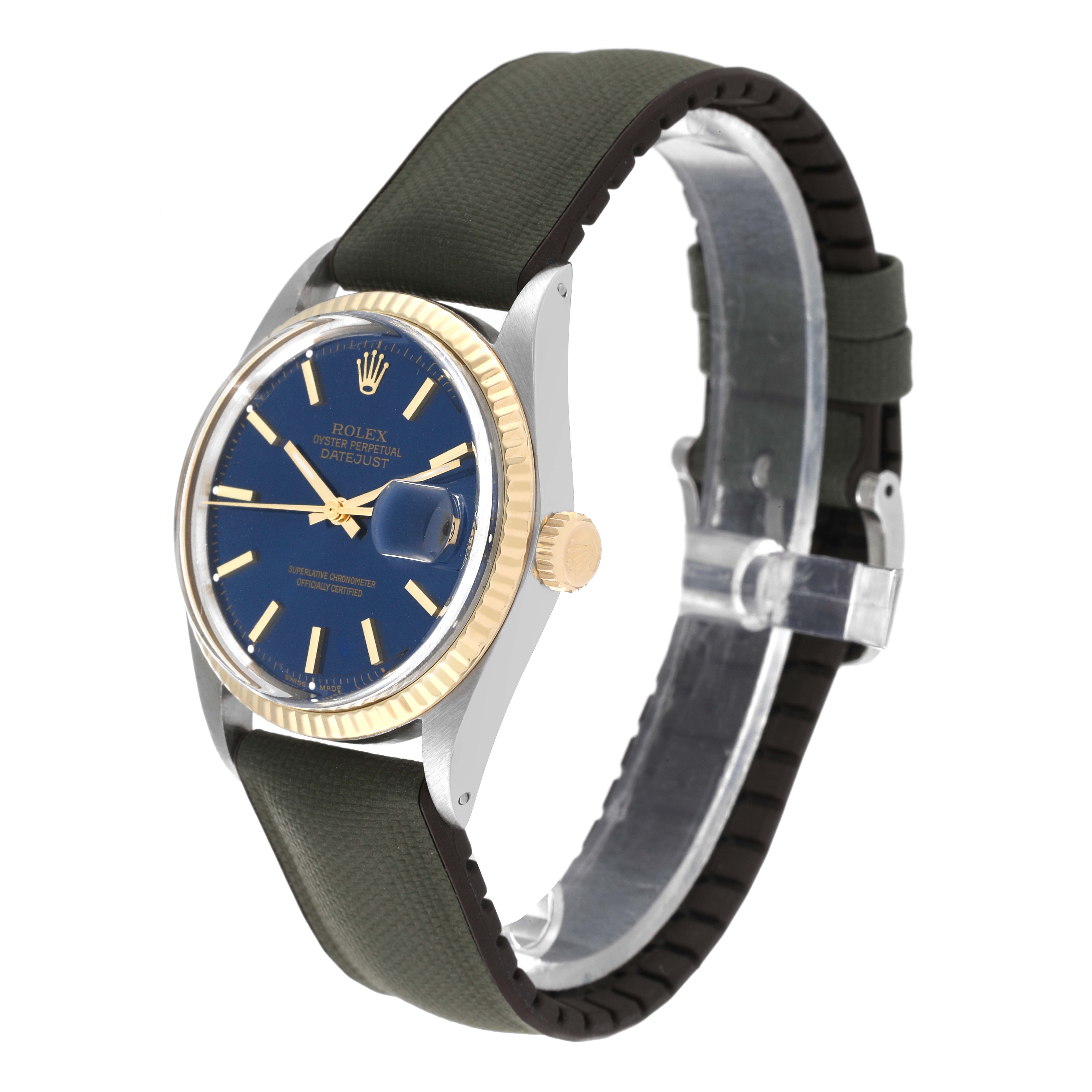 This image shows a Rolex Vintage Collection 1601 Men's Steel and Gold (two tone) Blue Dial 1601 Men's Steel and Gold (two tone) Blue Dial Datejust watch from an angled side view, highlighting the face, bezel, crown, and strap.