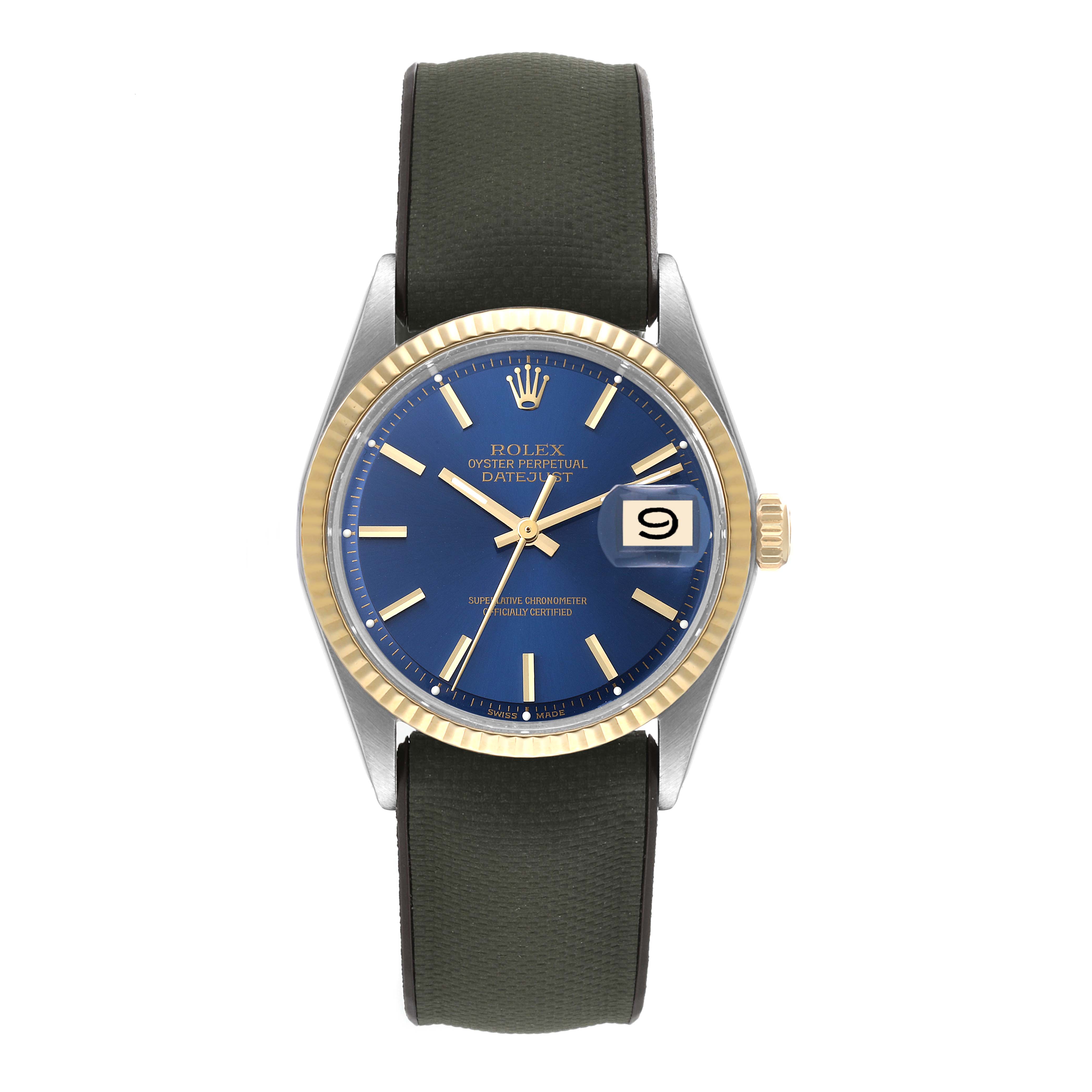 This image shows a front view of a Rolex Vintage Collection 1601 Men's Steel and Gold (two tone) Blue Dial 1601 Men's Steel and Gold (two tone) Blue Dial model, featuring a blue dial, gold bezel, and dark green strap.