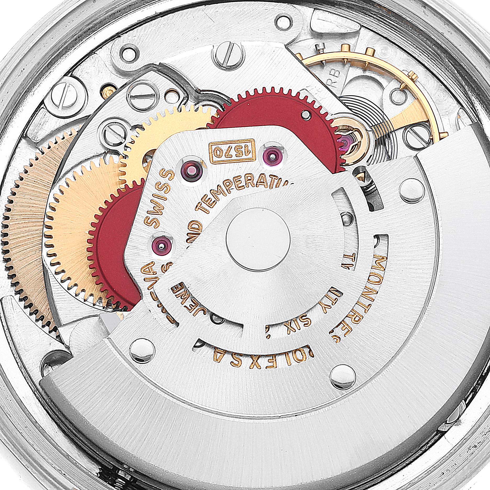 This image shows a close-up of the inner mechanical movement components of a Rolex Vintage Collection 1601 Men's Steel and Gold (two tone) Blue Dial 1601 Men's Steel and Gold (two tone) Blue Dial model watch.