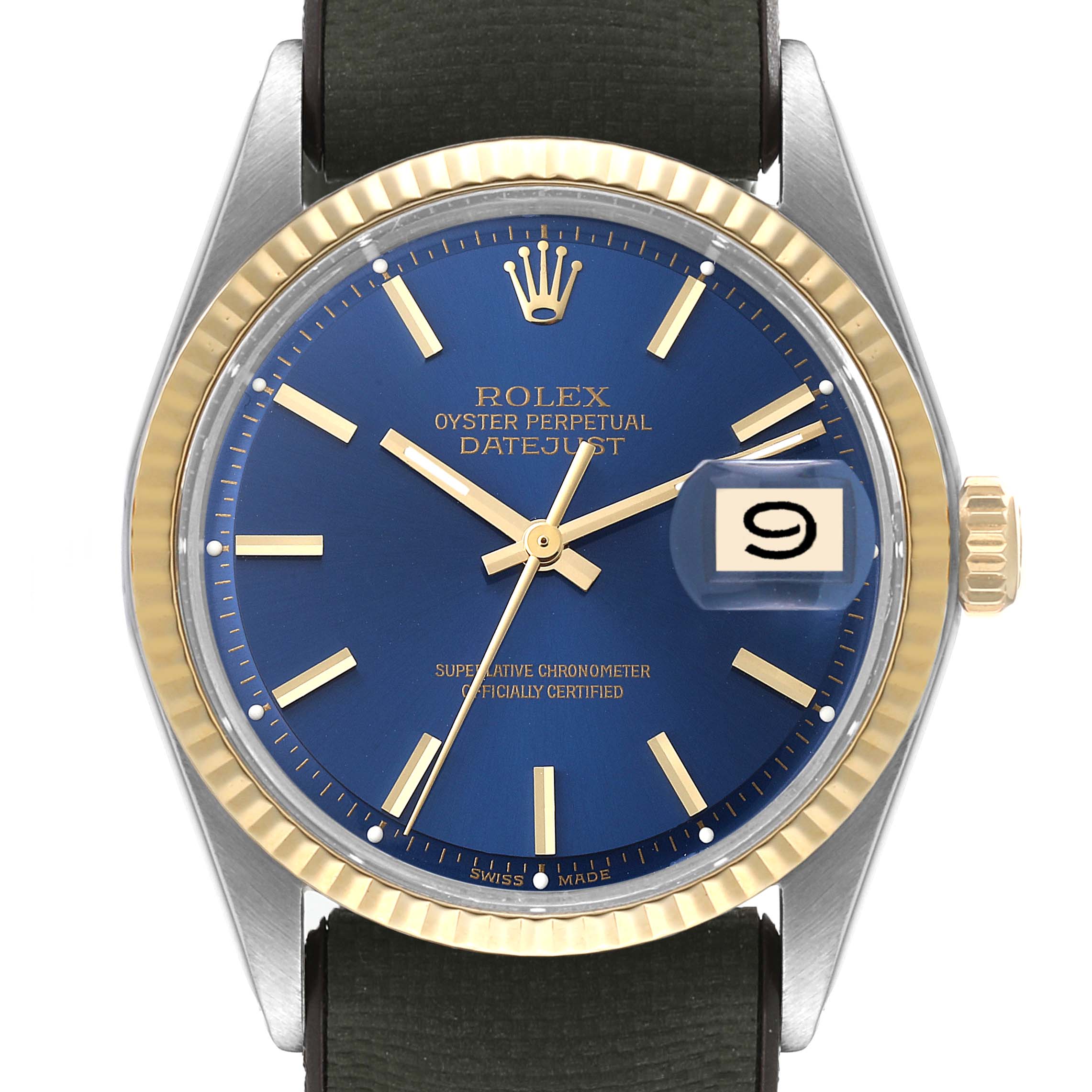 This image shows a front view of a Rolex Vintage Collection 1601 Men's Steel and Gold (two tone) Blue Dial 1601 Men's Steel and Gold (two tone) Blue Dial watch, highlighting its blue dial, gold accents, and date display.