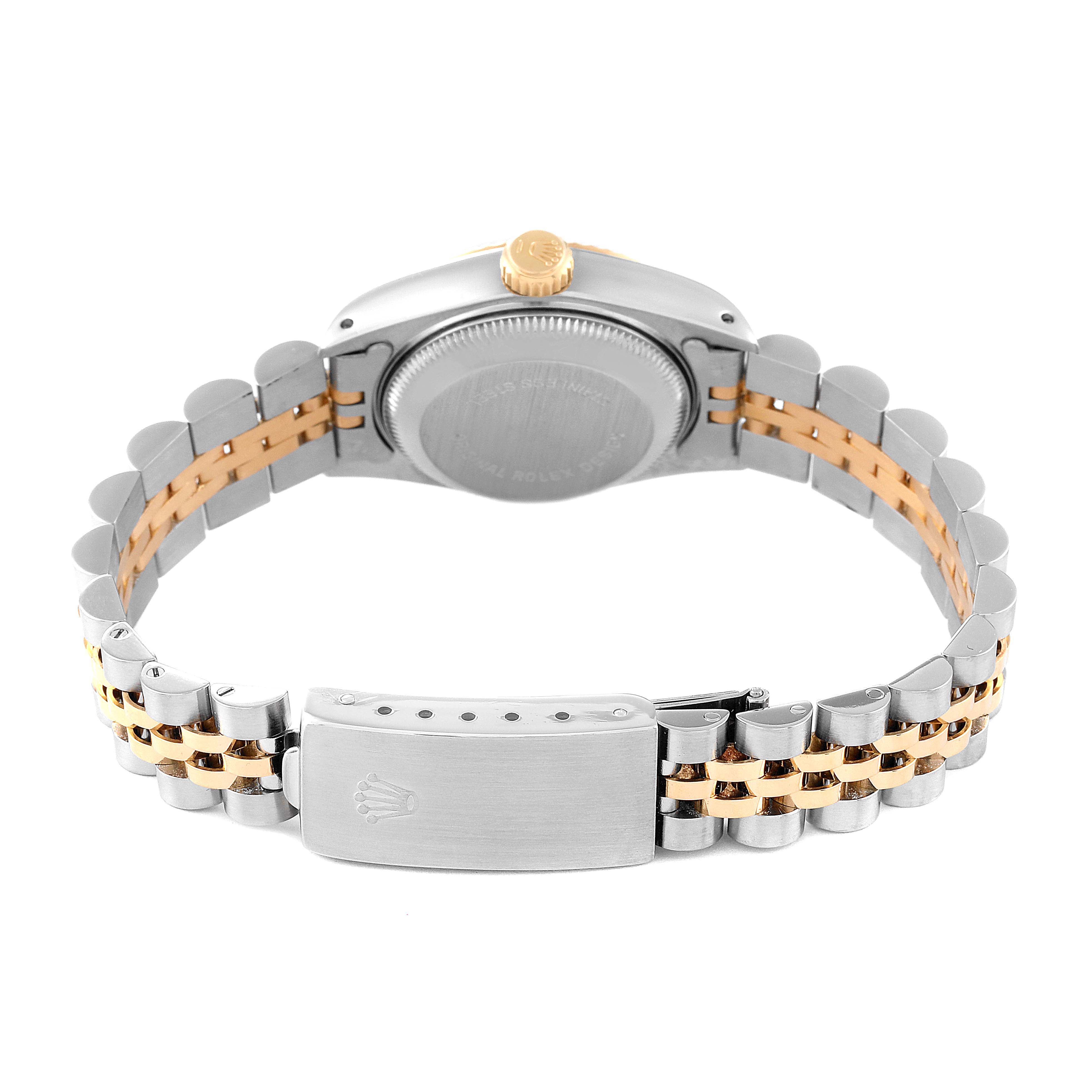 This image shows the back view of the Rolex Datejust 69173 Women's Steel and Gold (two tone) Champagne Dial 69173 Women's Steel and Gold (two tone) Champagne Dial watch, highlighting the clasp and the two-tone bracelet.