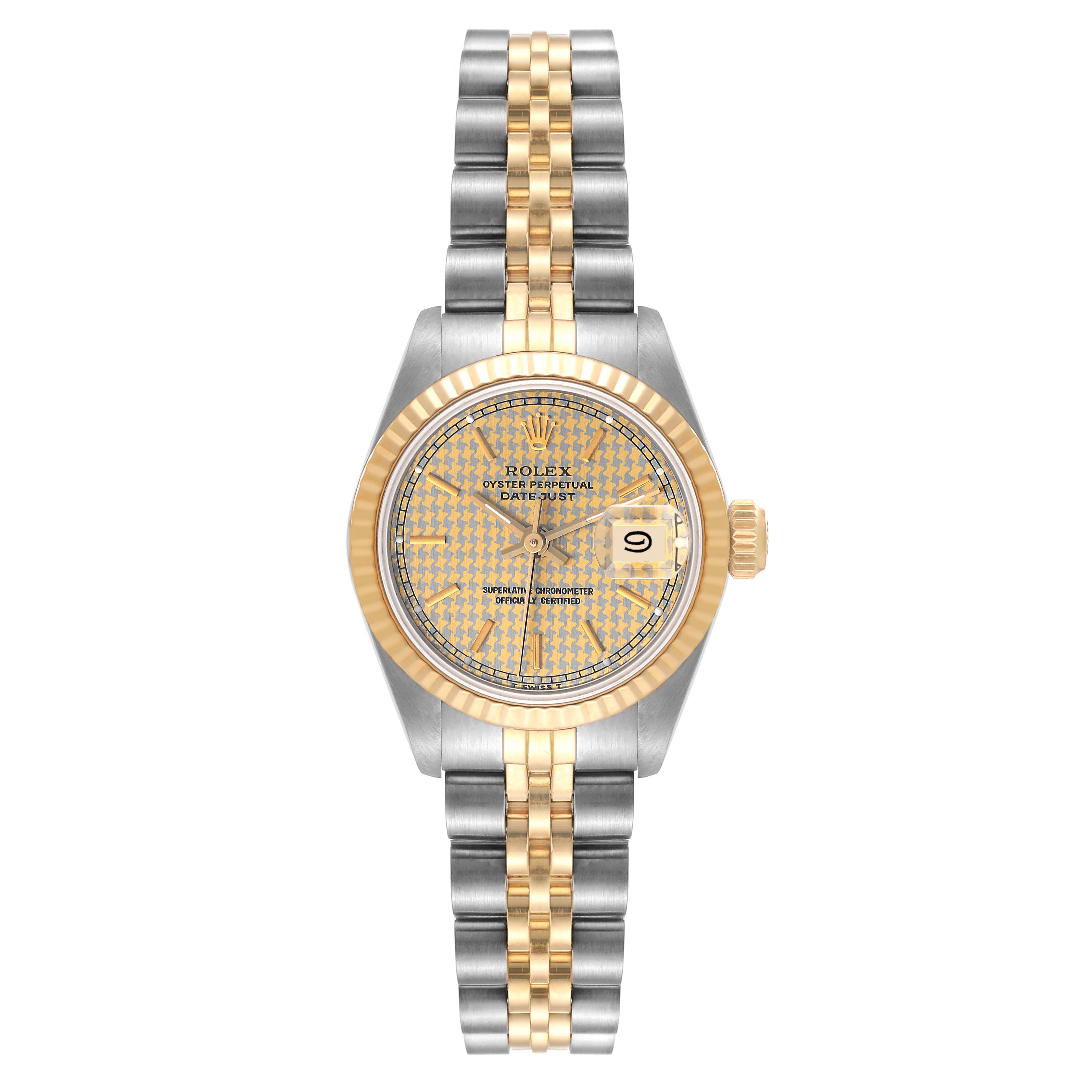 This image shows a Rolex Datejust 69173 Women's Steel and Gold (two tone) Champagne Dial 69173 Women's Steel and Gold (two tone) Champagne Dial watch from a front view, highlighting the dial, bracelet, and fluted bezel.