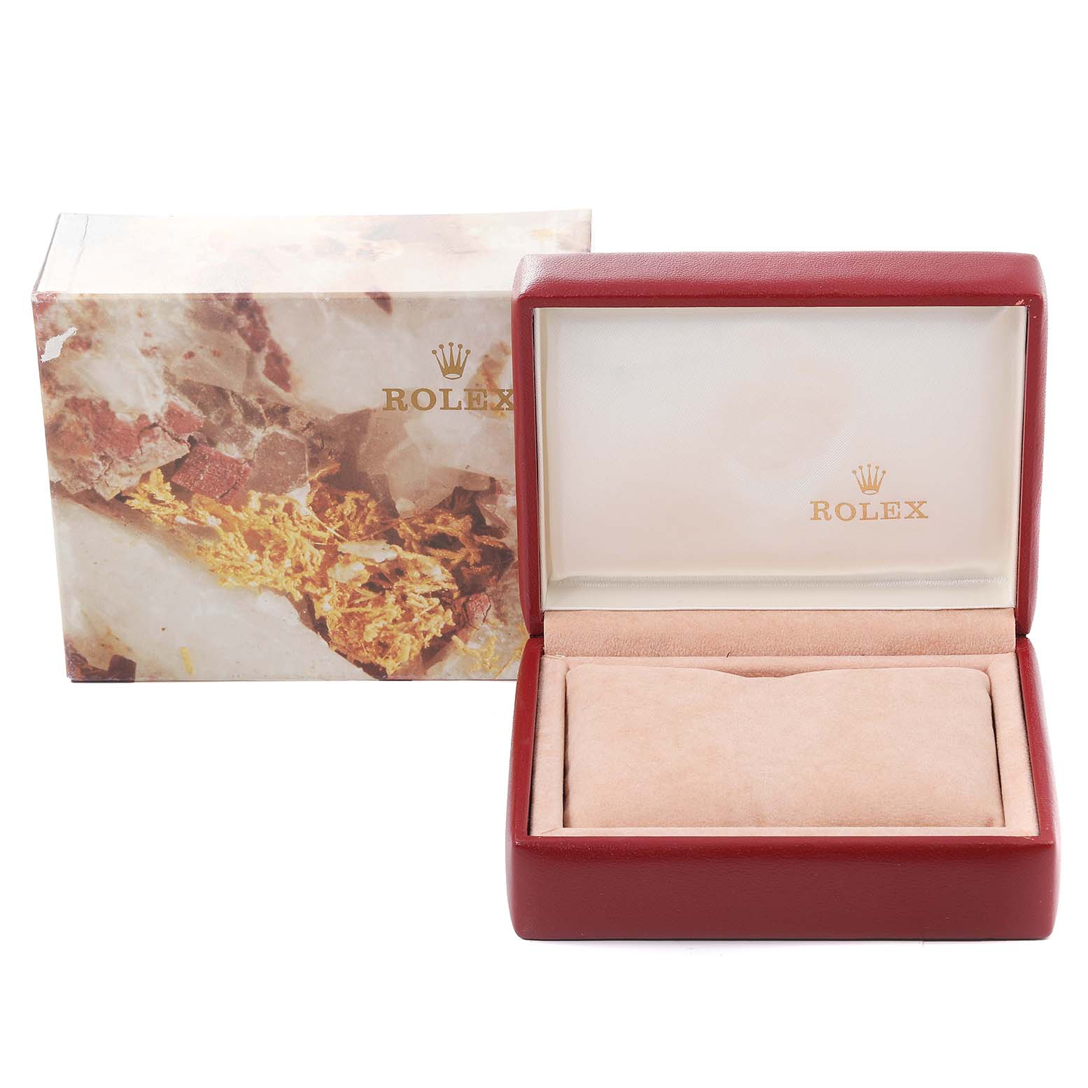 The image shows a Rolex Datejust 69173 Women's Steel and Gold (two tone) Champagne Dial 69173 Women's Steel and Gold (two tone) Champagne Dial watch box, featuring an open red outer box and a display box with a soft cushion inside.