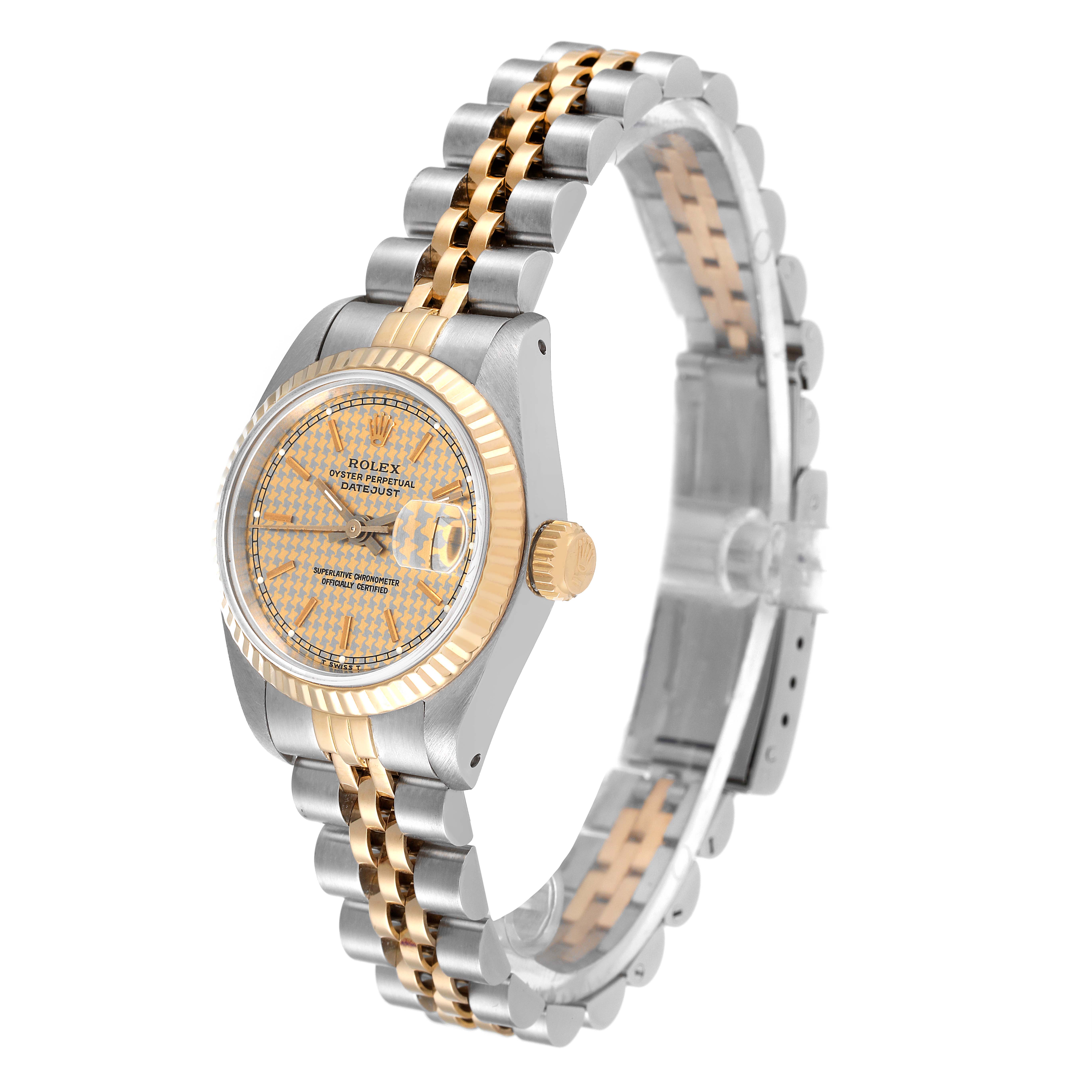 The Rolex Datejust 69173 Women's Steel and Gold (two tone) Champagne Dial 69173 Women's Steel and Gold (two tone) Champagne Dial watch is shown at a slight angle, with its dial, crown, and two-tone bracelet clearly visible.