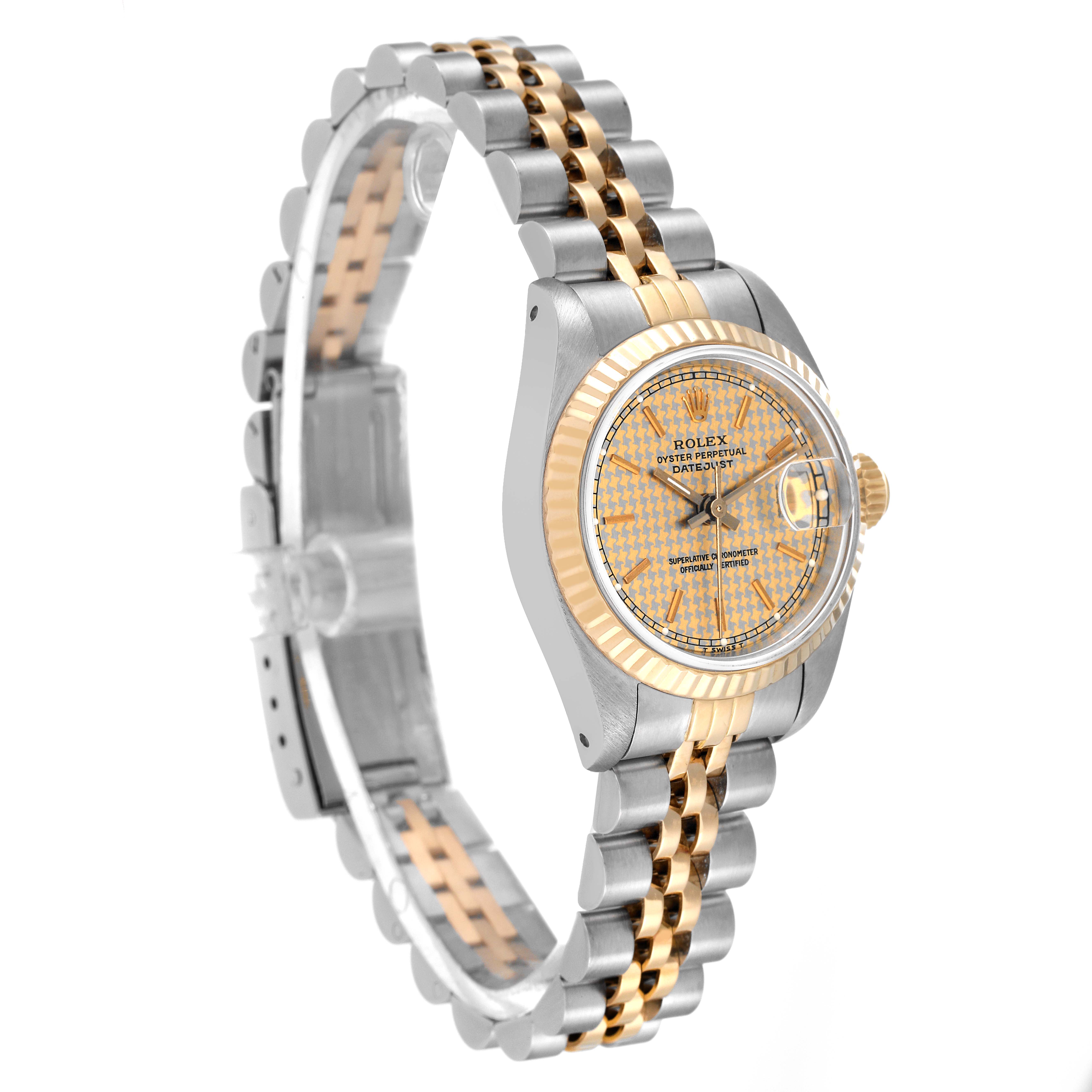 The image shows a side view of a Rolex Datejust 69173 Women's Steel and Gold (two tone) Champagne Dial 69173 Women's Steel and Gold (two tone) Champagne Dial watch highlighting the face, bezel, and two-tone bracelet.