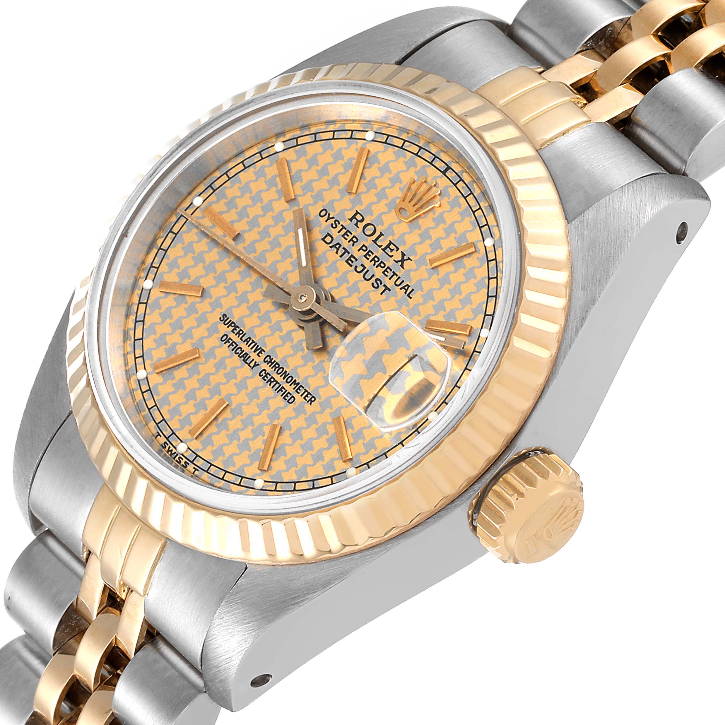 This image shows a close-up, angled view of a Rolex Datejust 69173 Women's Steel and Gold (two tone) Champagne Dial 69173 Women's Steel and Gold (two tone) Champagne Dial watch, highlighting the dial, bezel, and part of the bracelet and crown.