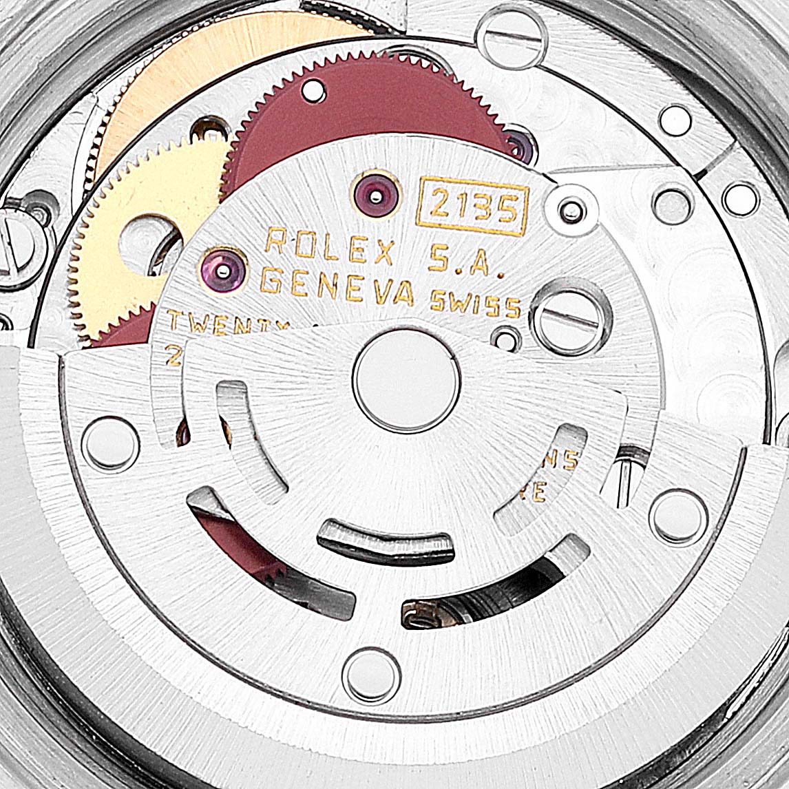 This image shows the inner mechanical movement of the Rolex Datejust 69173 Women's Steel and Gold (two tone) Champagne Dial 69173 Women's Steel and Gold (two tone) Champagne Dial watch, highlighting gears and inscriptions.