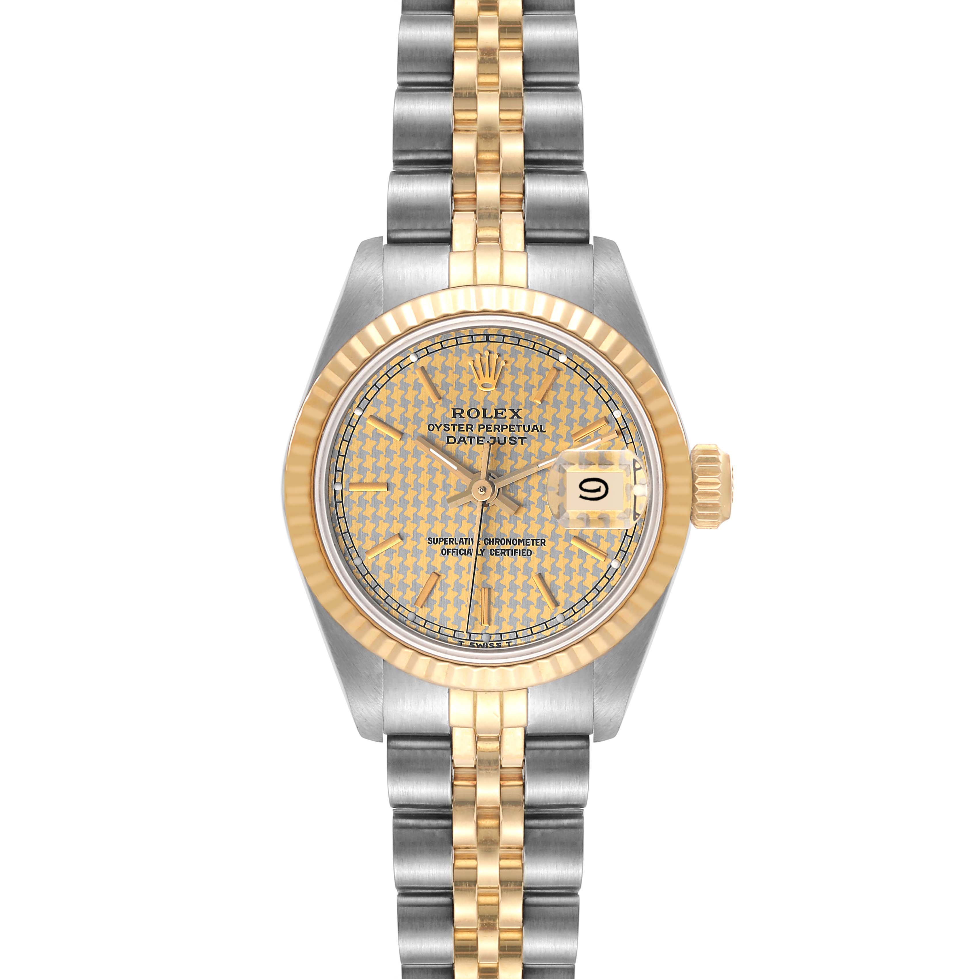 The image shows a front view of the Rolex Datejust 69173 Women's Steel and Gold (two tone) Champagne Dial 69173 Women's Steel and Gold (two tone) Champagne Dial watch, highlighting its dial, fluted bezel, and two-tone bracelet.