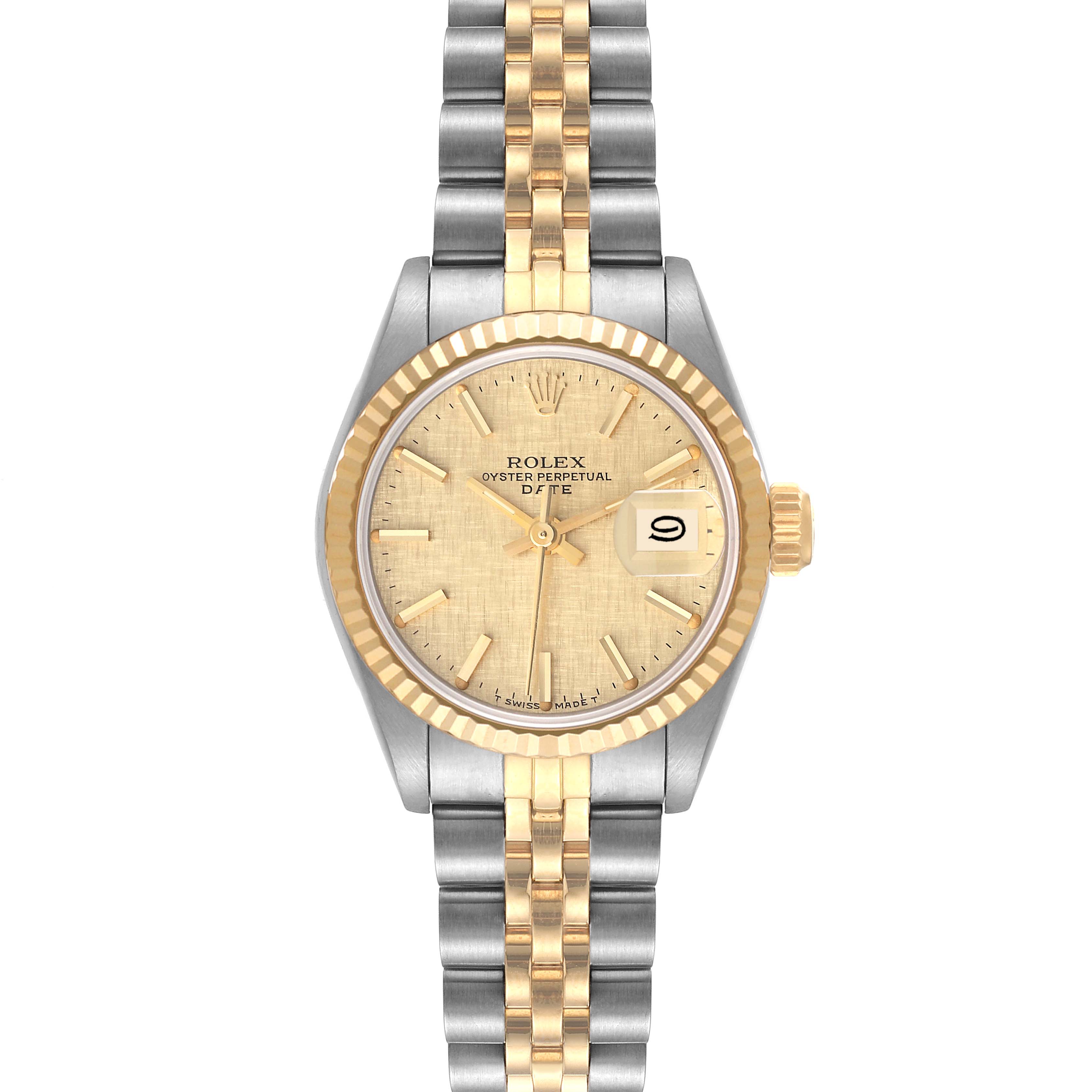 This is a frontal view of a Rolex Datejust 69173 Women's Steel and Gold (two tone) Champagne Dial 69173 Women's Steel and Gold (two tone) Champagne Dial watch, showing the dial, case, bezel, and bracelet.
