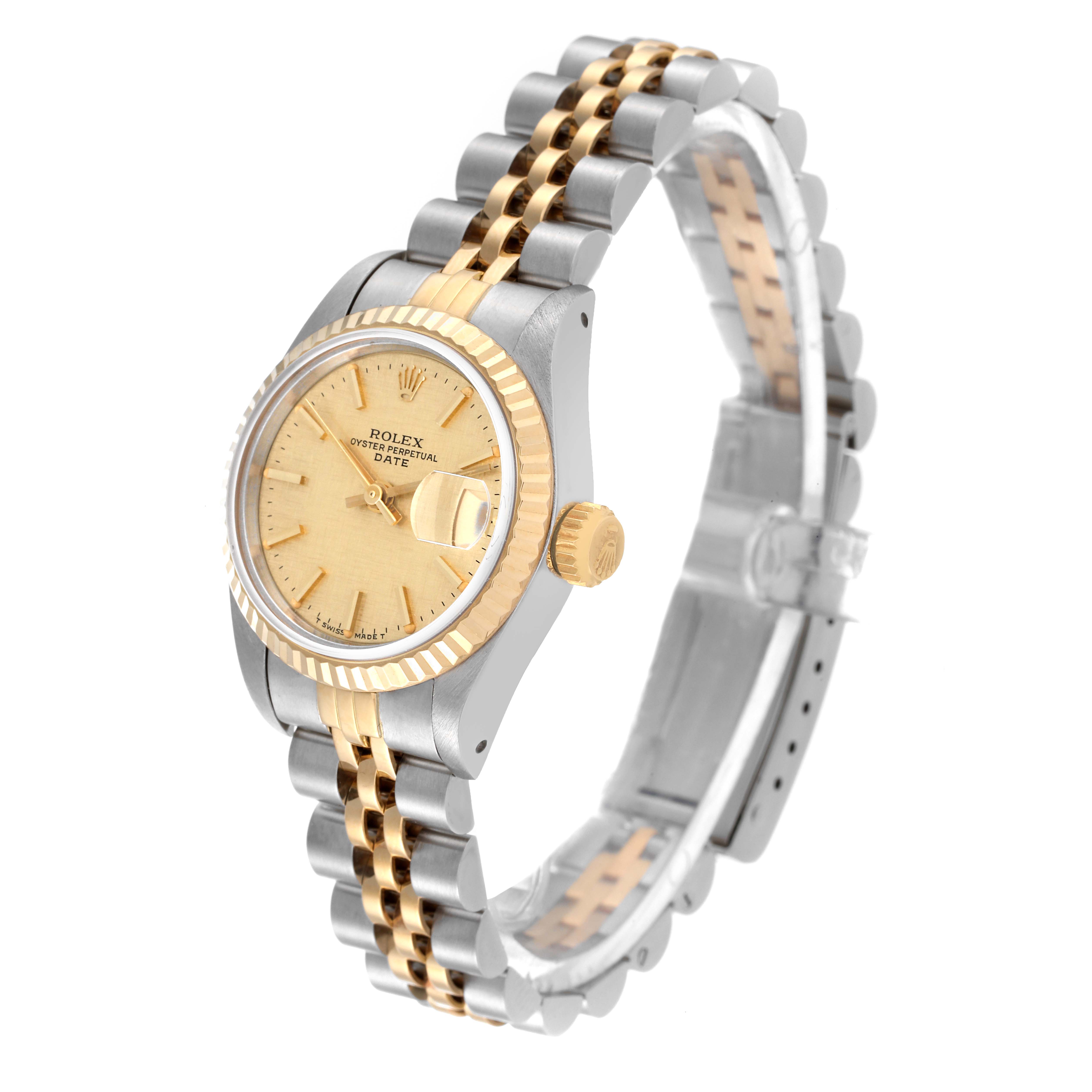 The Rolex Datejust 69173 Women's Steel and Gold (two tone) Champagne Dial 69173 Women's Steel and Gold (two tone) Champagne Dial watch is shown at a three-quarter angle, highlighting the dial, bezel, crown, and two-tone bracelet.