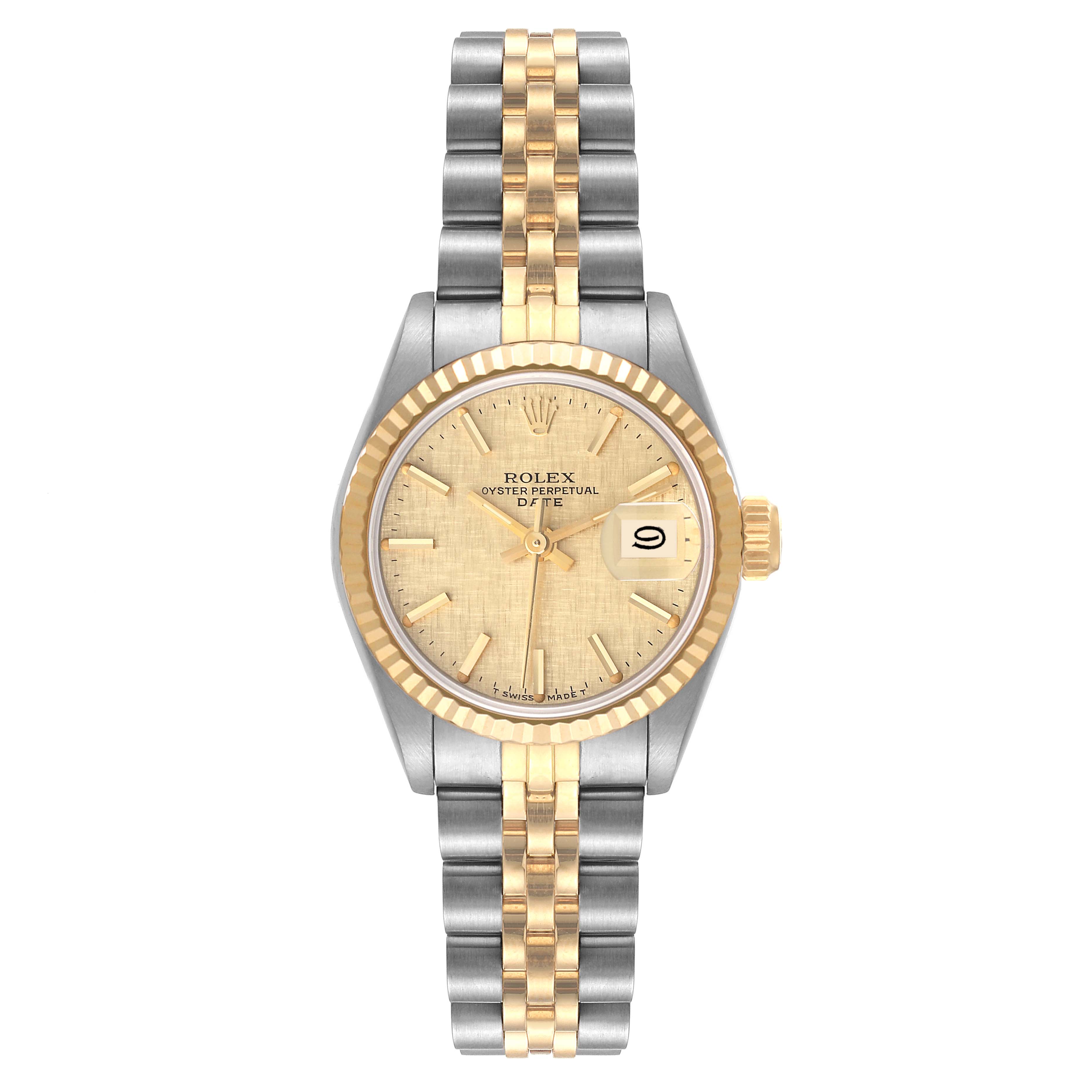 This image shows a Rolex Datejust 69173 Women's Steel and Gold (two tone) Champagne Dial 69173 Women's Steel and Gold (two tone) Champagne Dial watch from a top-down angle, highlighting its dial, bezel, case, and bracelet.