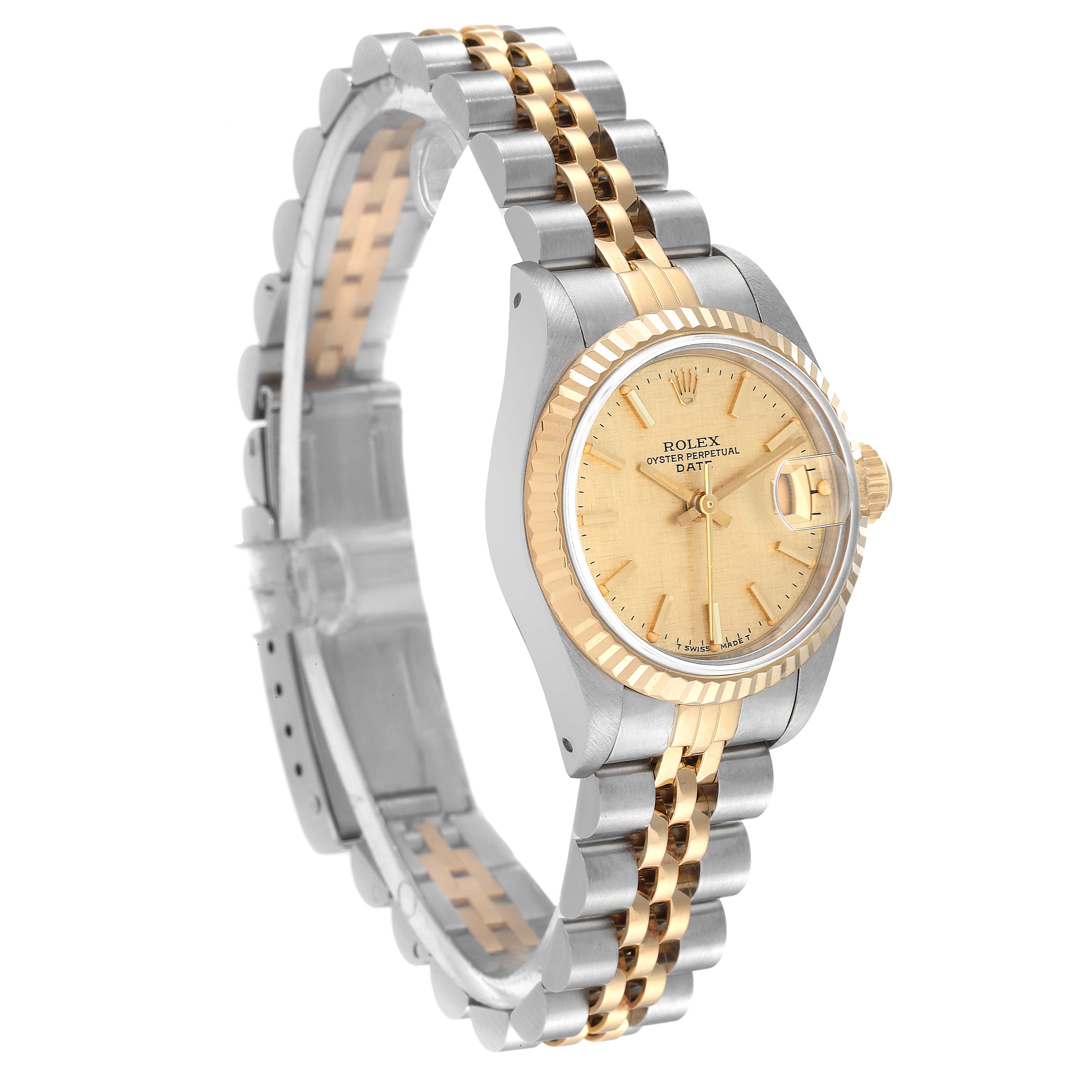 The image shows a Rolex Datejust 69173 Women's Steel and Gold (two tone) Champagne Dial 69173 Women's Steel and Gold (two tone) Champagne Dial watch at an angle, highlighting its gold and silver Jubilee bracelet and fluted bezel.
