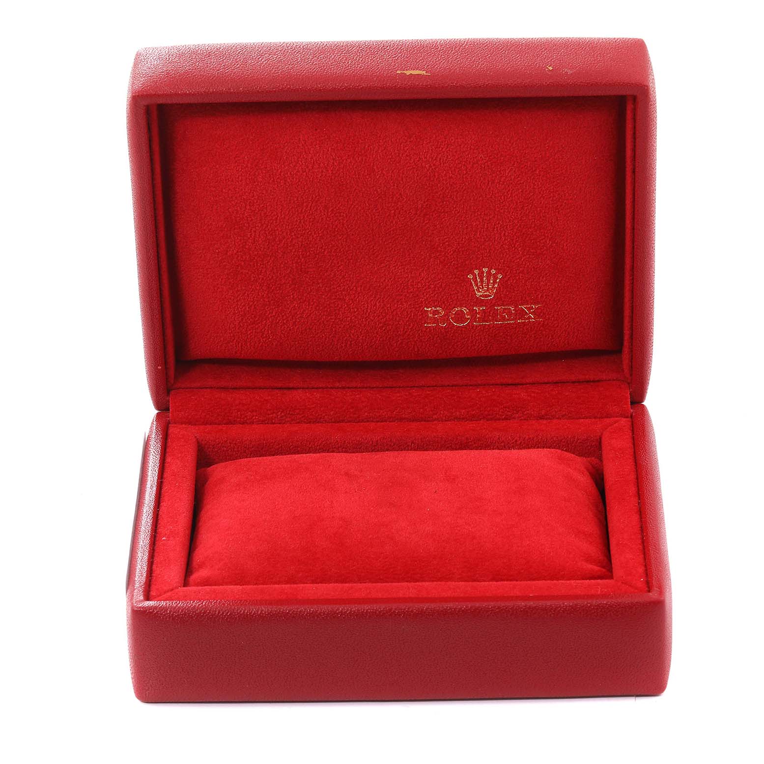 This image shows a red Rolex watch box, likely for the Datejust model, with the lid open.