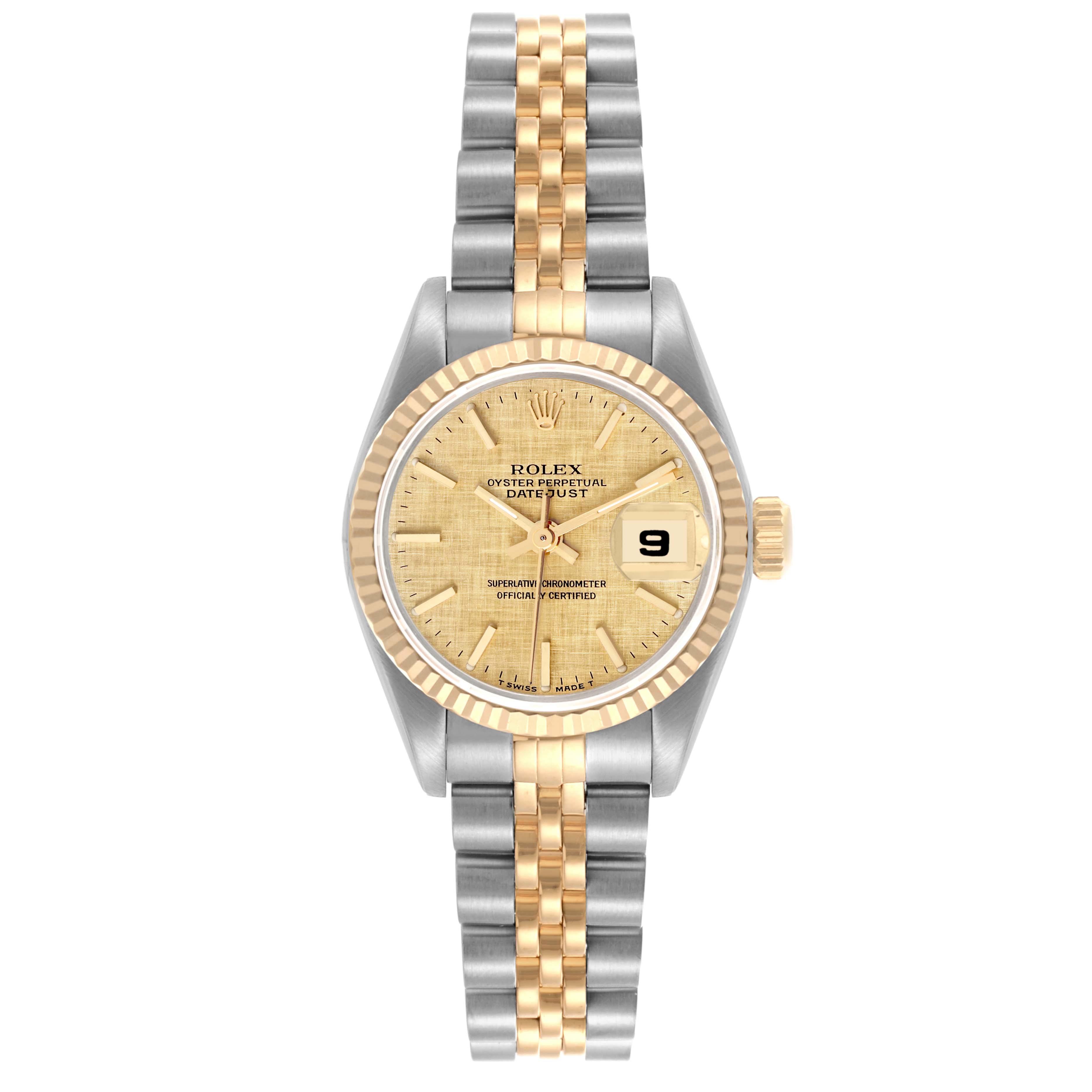 The image shows a frontal view of a Rolex Datejust 69173 Women's Steel and Gold (two tone) Champagne Dial 69173 Women's Steel and Gold (two tone) Champagne Dial watch, highlighting the face, bezel, and two-tone bracelet.