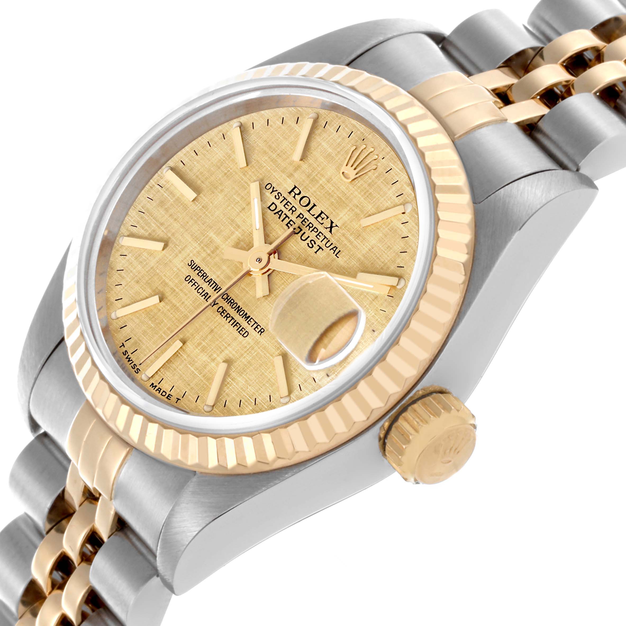 The Rolex Datejust 69173 Women's Steel and Gold (two tone) Champagne Dial 69173 Women's Steel and Gold (two tone) Champagne Dial watch is shown at a slight angle, highlighting the dial, bezel, crown, and part of the bracelet.
