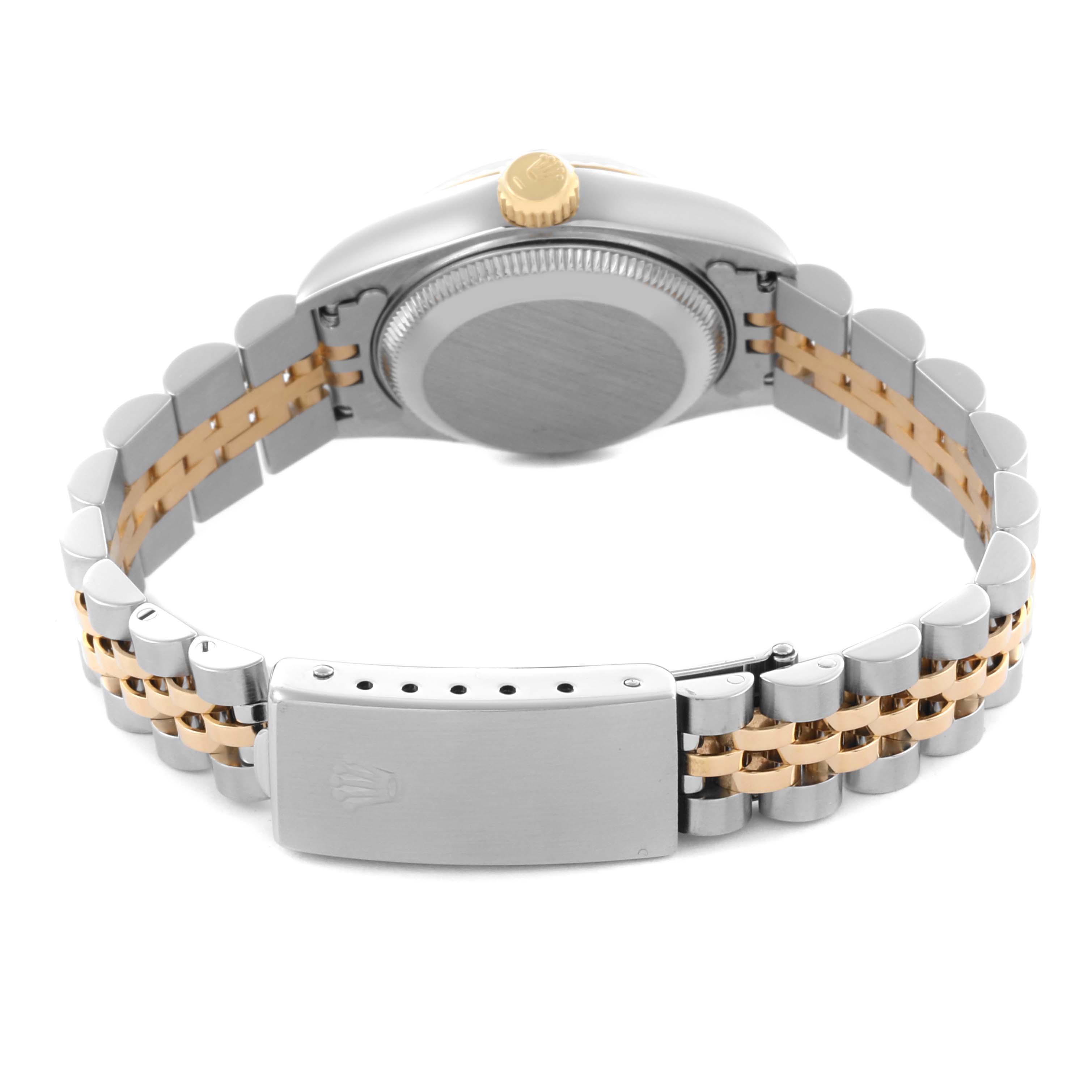 The image shows the back of a Rolex Datejust 69173 Women's Steel and Gold (two tone) Champagne Dial 69173 Women's Steel and Gold (two tone) Champagne Dial watch, highlighting the case back, crown, and two-tone bracelet with clasp.