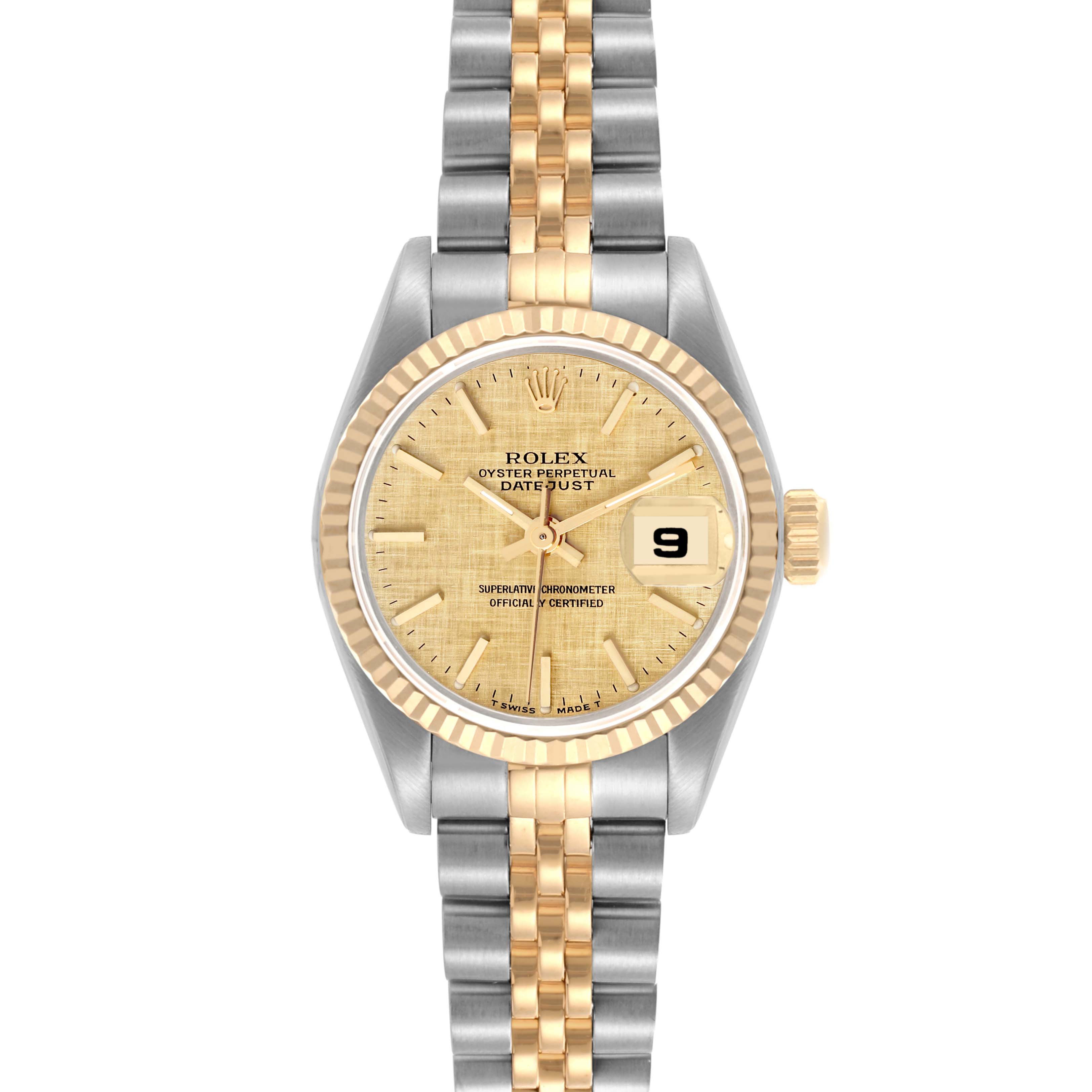 The Rolex Datejust 69173 Women's Steel and Gold (two tone) Champagne Dial 69173 Women's Steel and Gold (two tone) Champagne Dial is shown from a top-down angle, highlighting its gold and silver bracelet, dial, and fluted bezel.