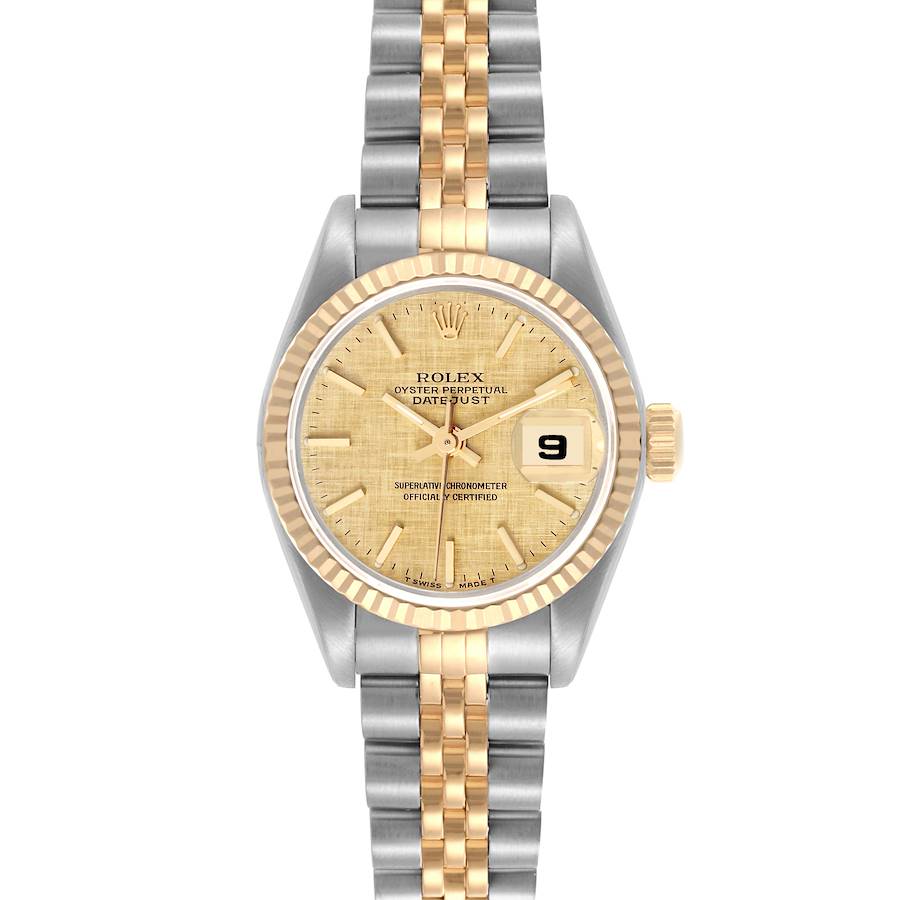 The Rolex Datejust is shown from a top-down angle, highlighting its gold and silver bracelet, dial, and fluted bezel.