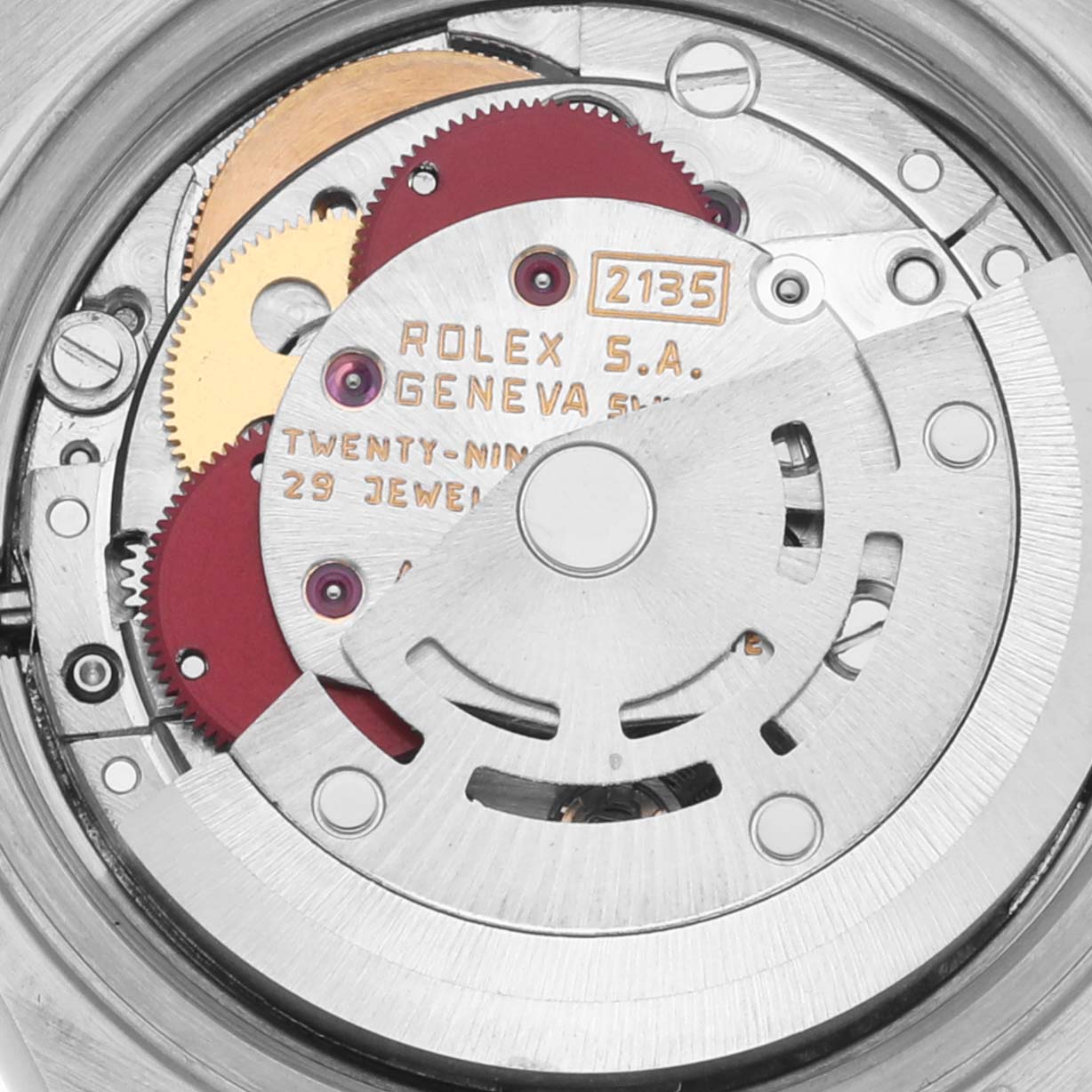 The image shows the movement of a Rolex Datejust 69173 Women's Steel and Gold (two tone) Champagne Dial 69173 Women's Steel and Gold (two tone) Champagne Dial watch, highlighting gears and the rotor from a top-down view.