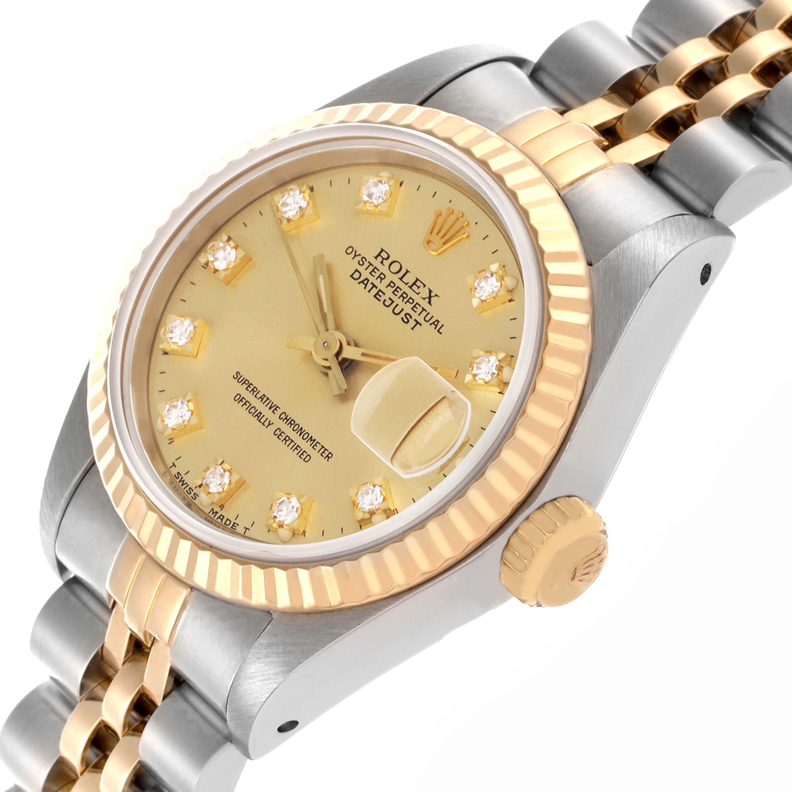 The Rolex Datejust 69173 Women's Steel and Gold (two tone) Champagne Dial 69173 Women's Steel and Gold (two tone) Champagne Dial watch is shown at a slight angle highlighting the gold fluted bezel, champagne dial, date magnifier, and two-tone bracelet.