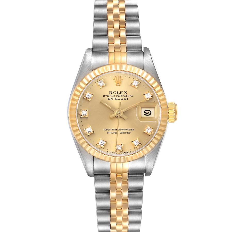 The Rolex Datejust watch is shown from a top-down angle, highlighting the face, bezel, and two-tone bracelet.